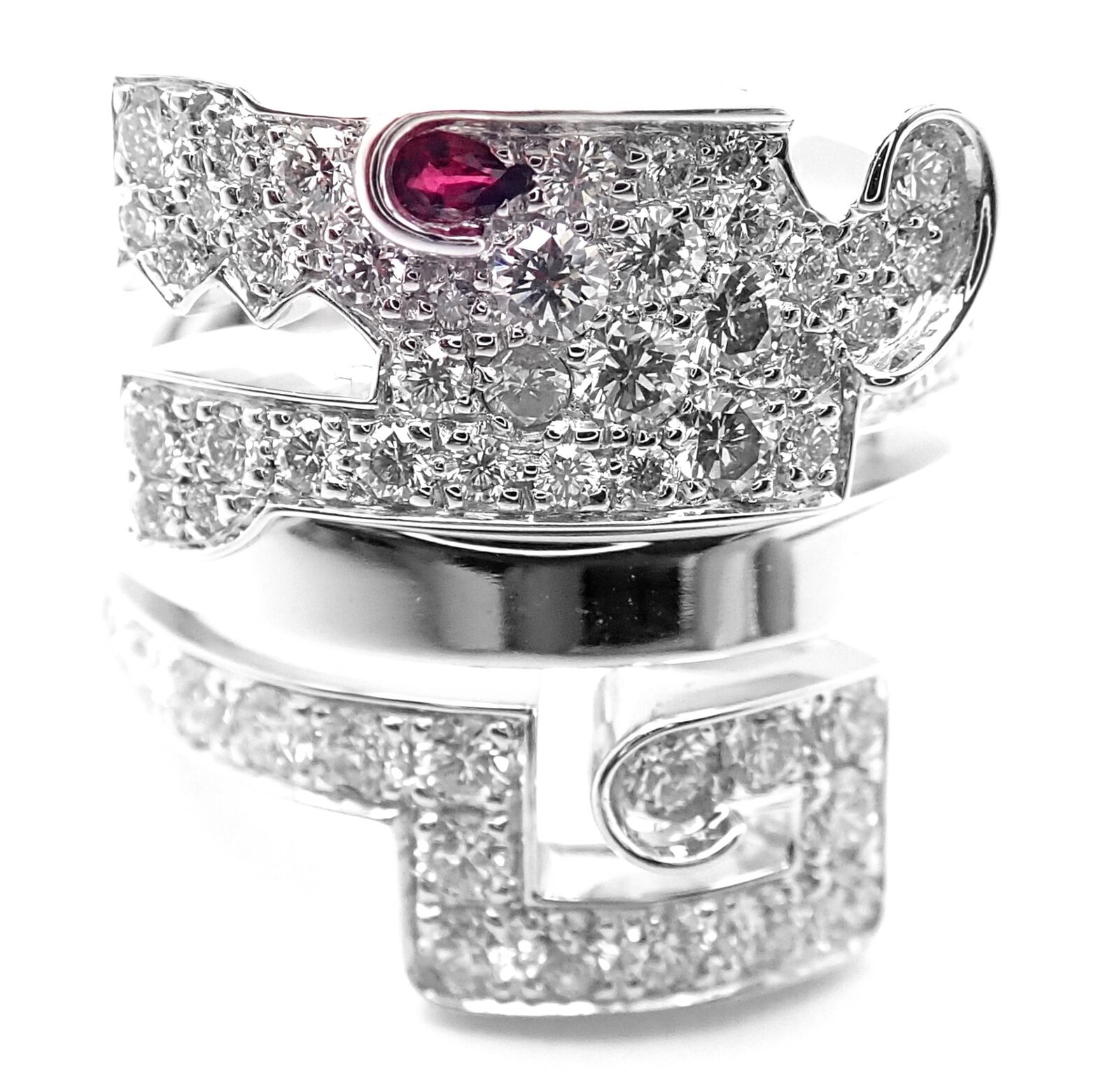 Authentic! Cartier Le Baiser Du Dragon 18k White Gold Diamond Ruby Ring Paper | Fortrove