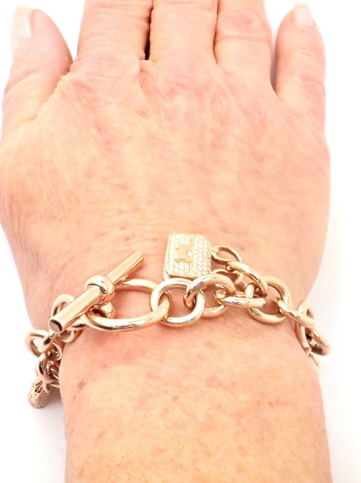 Authentic! Hermes 18k Rose Gold Diamond Signature Iconic Bag Charm Link Bracelet | Fortrove