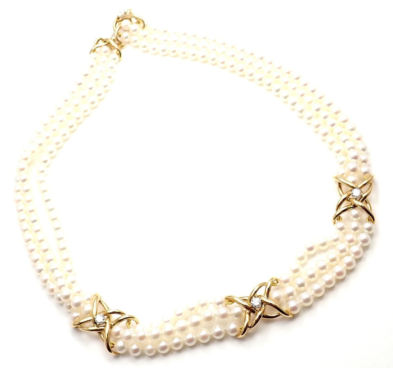 Authentic! Tiffany & Co 18k Yellow Gold Diamond 3 Strand Pearl Necklace | Fortrove