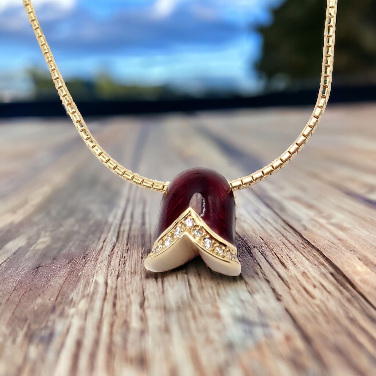 Authentic! Fabrege Diamond Tulip Red Enamel Pendant Necklace | Fortrove