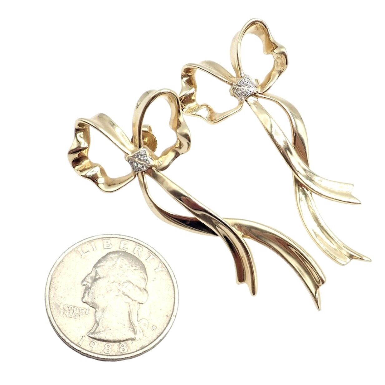 Authentic Tiffany & Co 18k Yellow Gold Diamond Large Ribbon Bow Earrings 1985 | Fortrove