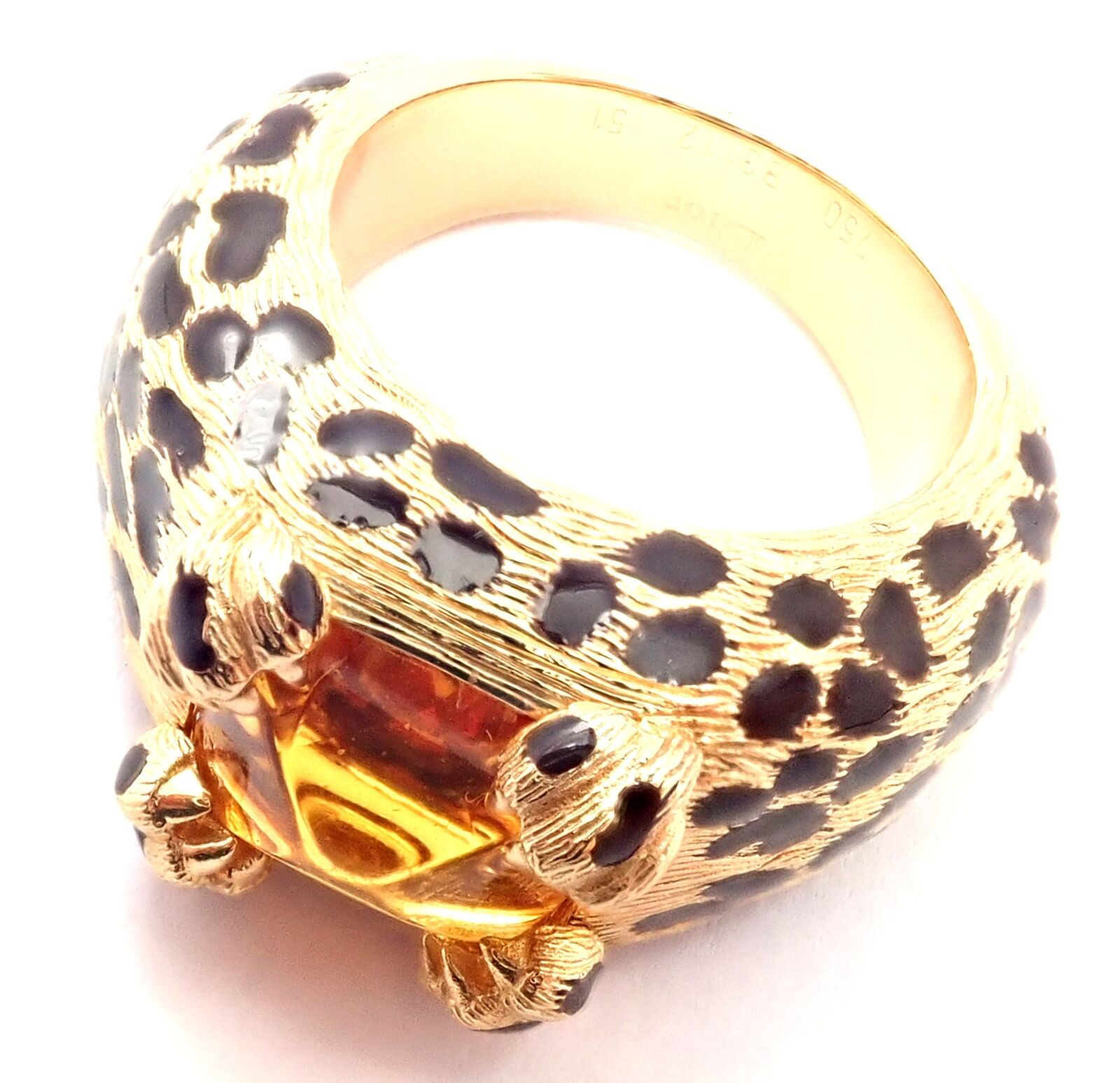 Rare! Authentic Christian Dior Leopard 18k Yellow Gold Citrine Enamel Ring Cert | Fortrove