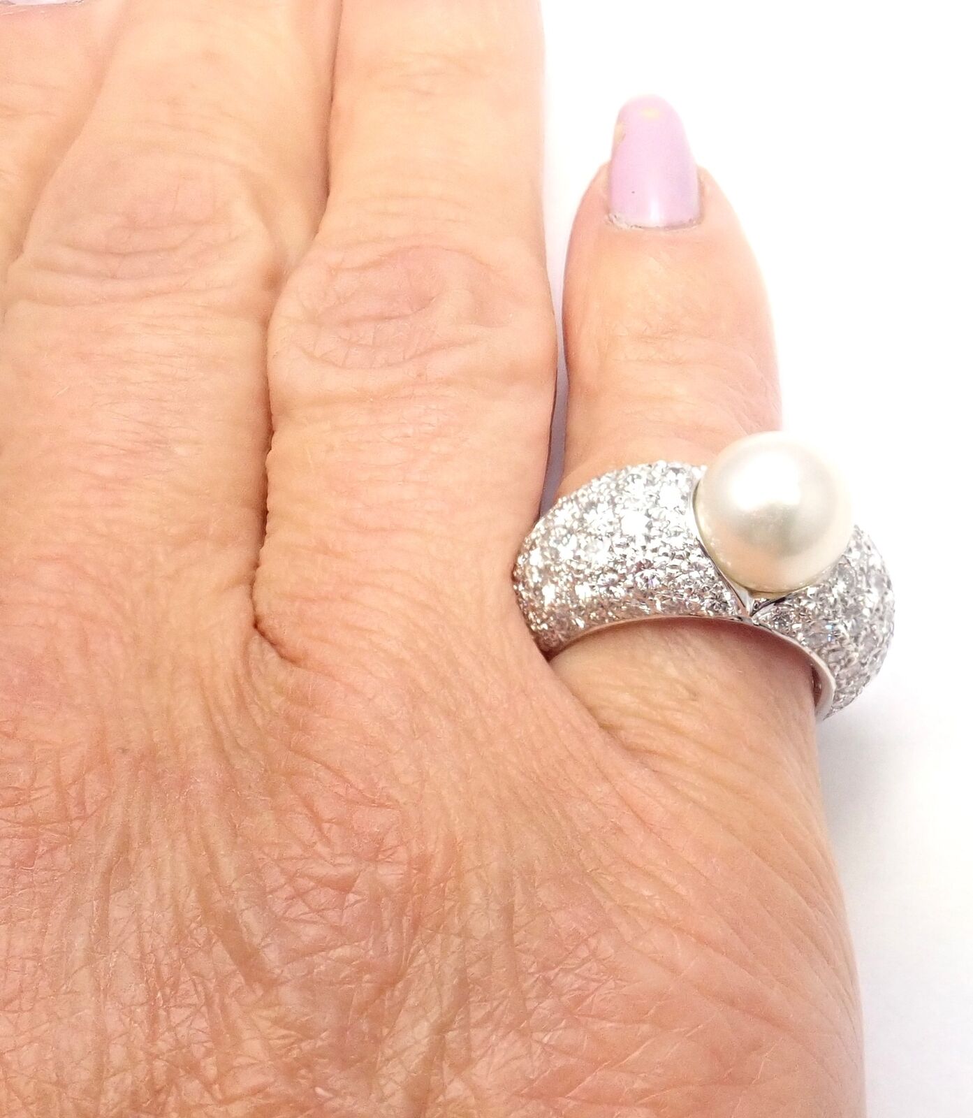 Authentic! Cartier Juliette 18k White Gold Cultured Pearl Diamond Band Ring | Fortrove