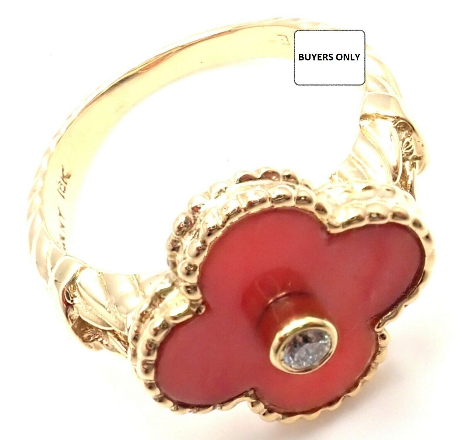 Rare! Authentic Van Cleef & Arpels Alhambra 18k Yellow Gold Coral Diamond Ring | Fortrove