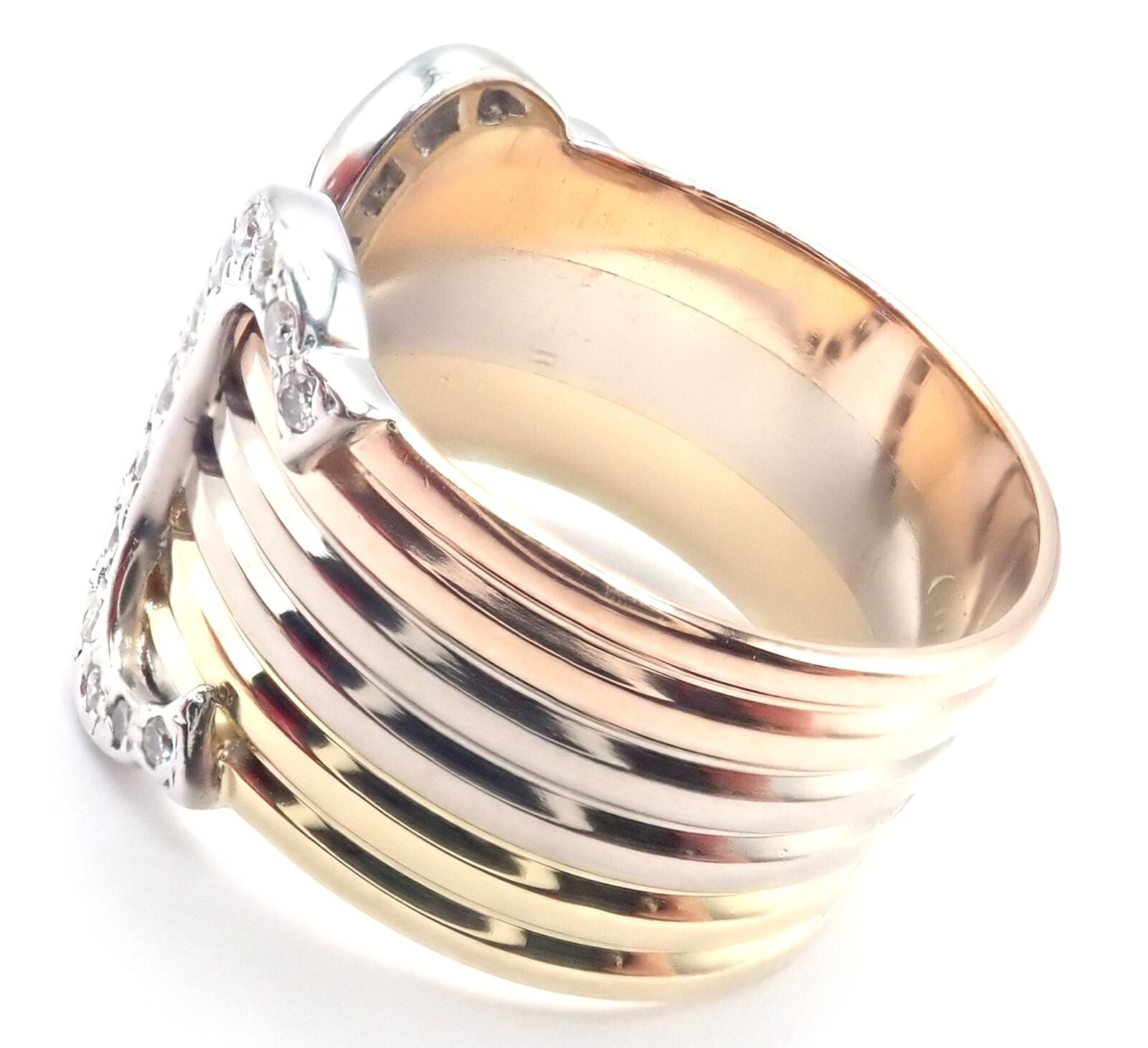 Authentic! Cartier Diamond Double C 18k Tri-Color Gold Band Ring Size 54 US 6.75 | Fortrove