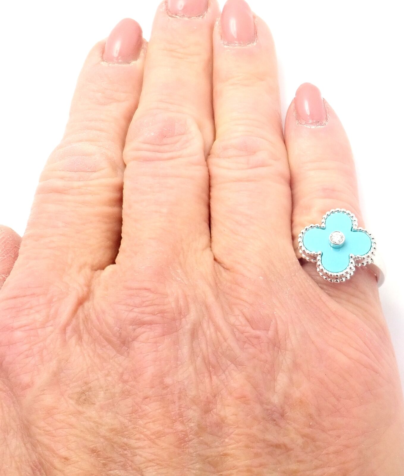 Authentic! Van Cleef & Arpels Alhambra 18k White Gold Diamond Turquoise Ring | Fortrove