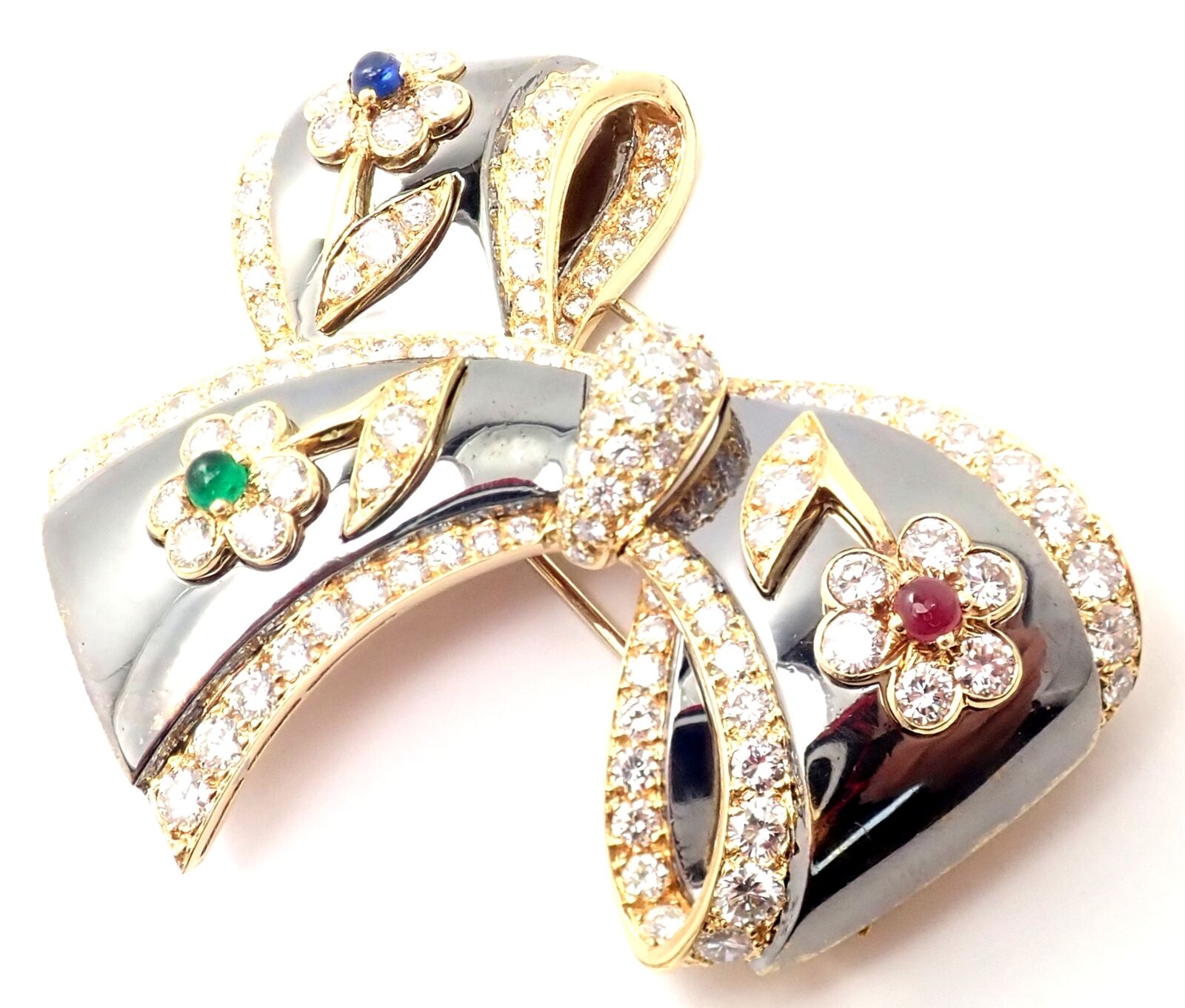 Rare Van Cleef & Arpels 18k Gold Diamond Ruby Emerald Sapphire Flower Pin Brooch | Fortrove
