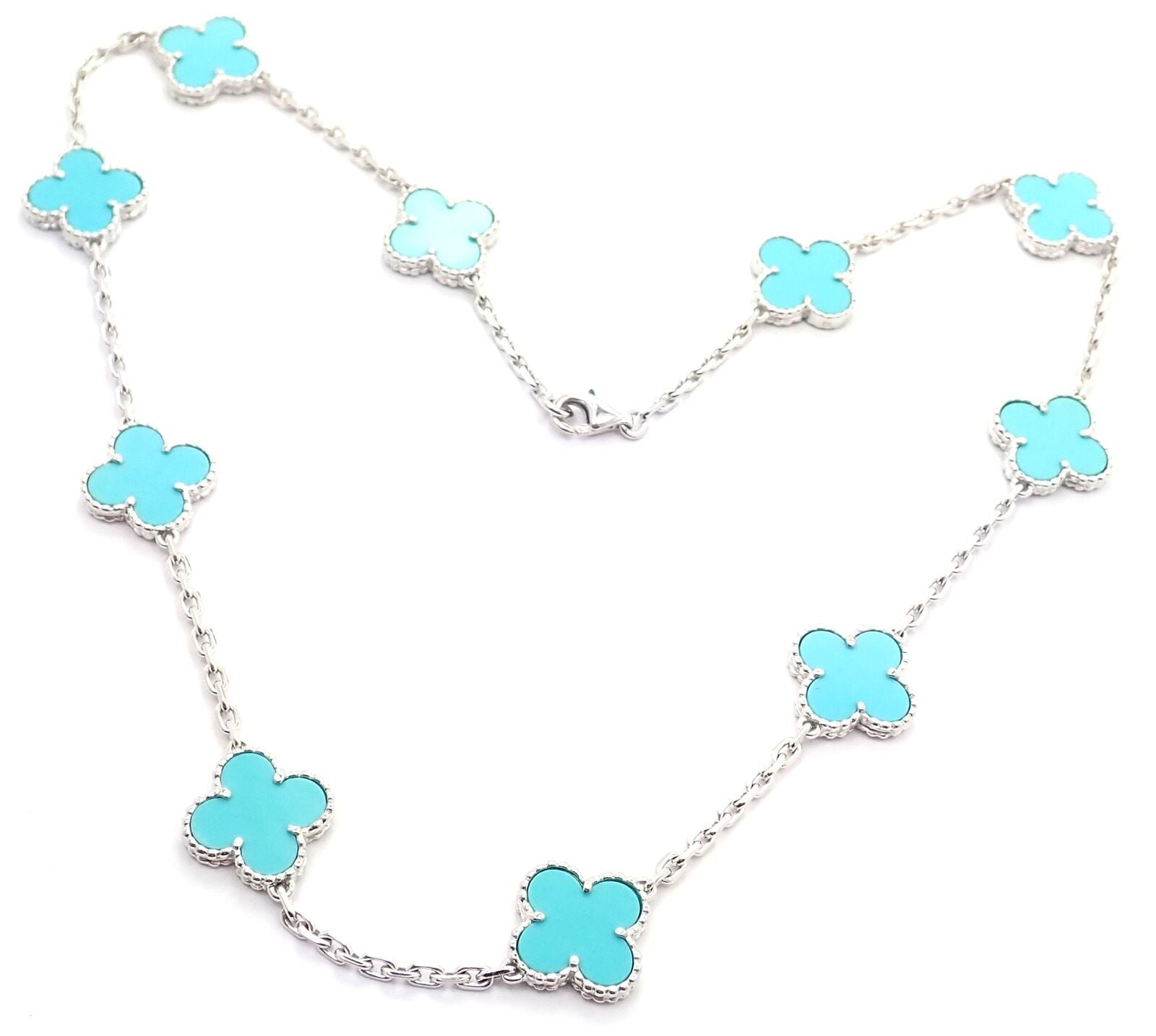 Van Cleef & Arpels Jewelry & Watches:Fine Jewelry:Necklaces & Pendants Van Cleef & Arpels 18k White Gold 10 Motif Alhambra Turquoise Necklace Paper