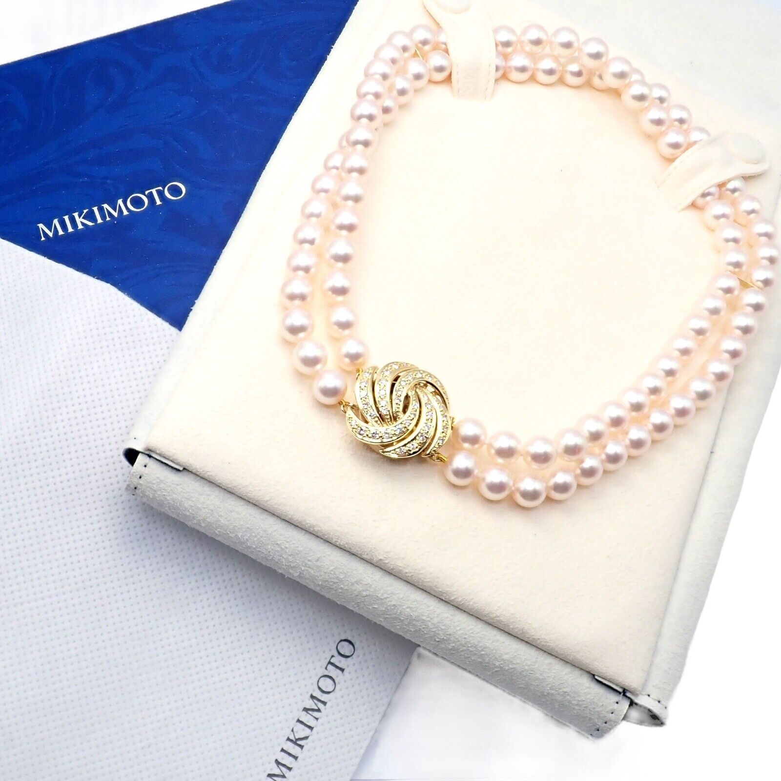 Authentic! Mikimoto 18k Yellow Gold Diamond Double Strand 8mm Pearl Necklace | Fortrove
