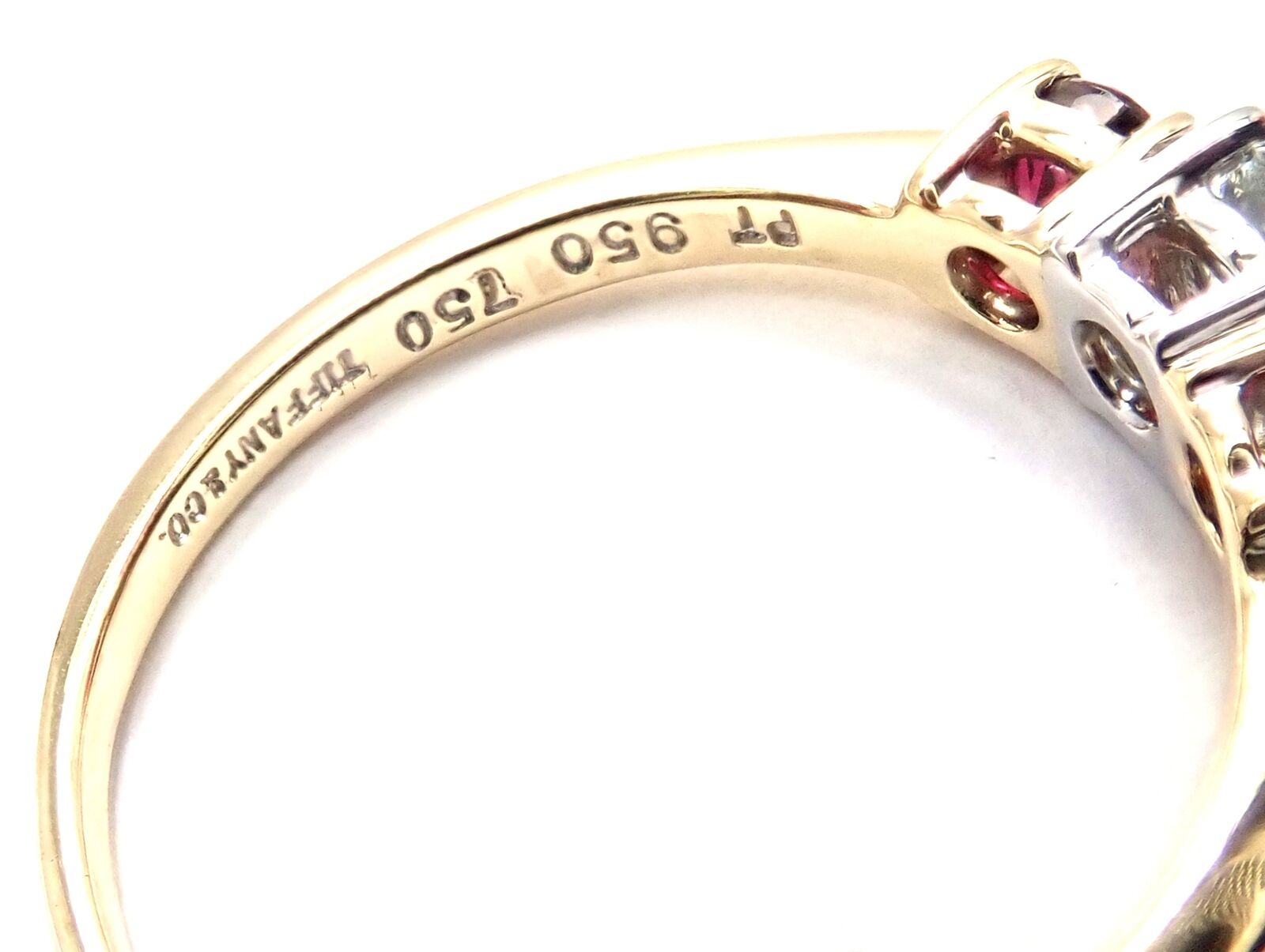 Authentic! Tiffany & Co 18k Gold Platinum Three Stone Diamond Ruby Band Ring | Fortrove