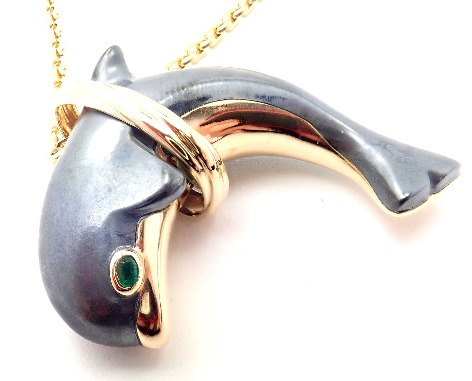 Rare! Authentic Cartier 18k Yellow Gold Hematite Dolphin Pendant Link Necklace | Fortrove