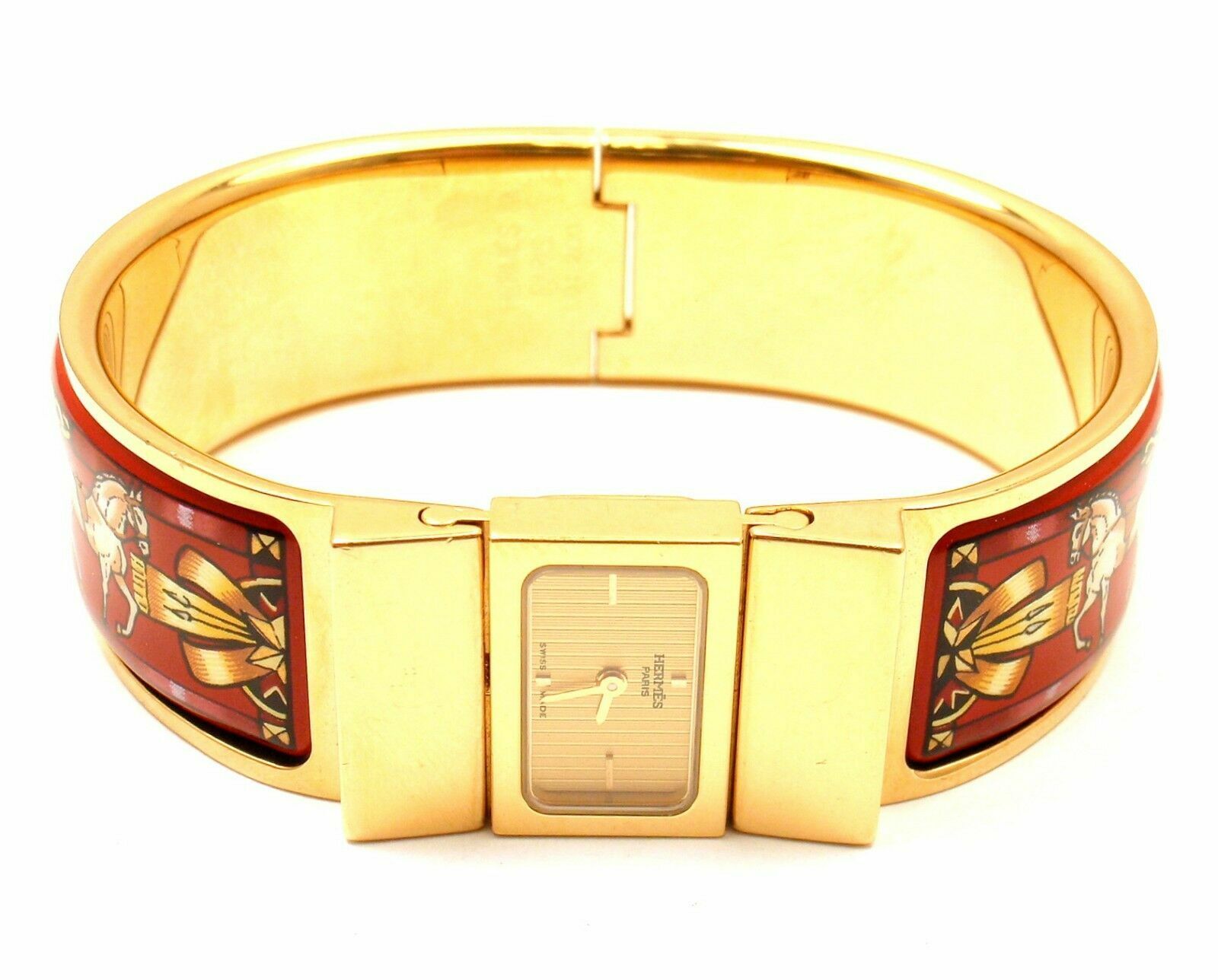 Authentic! Hermes Loquet Red Horse Equestrian Motif Bangle Bracelet Watch | Fortrove