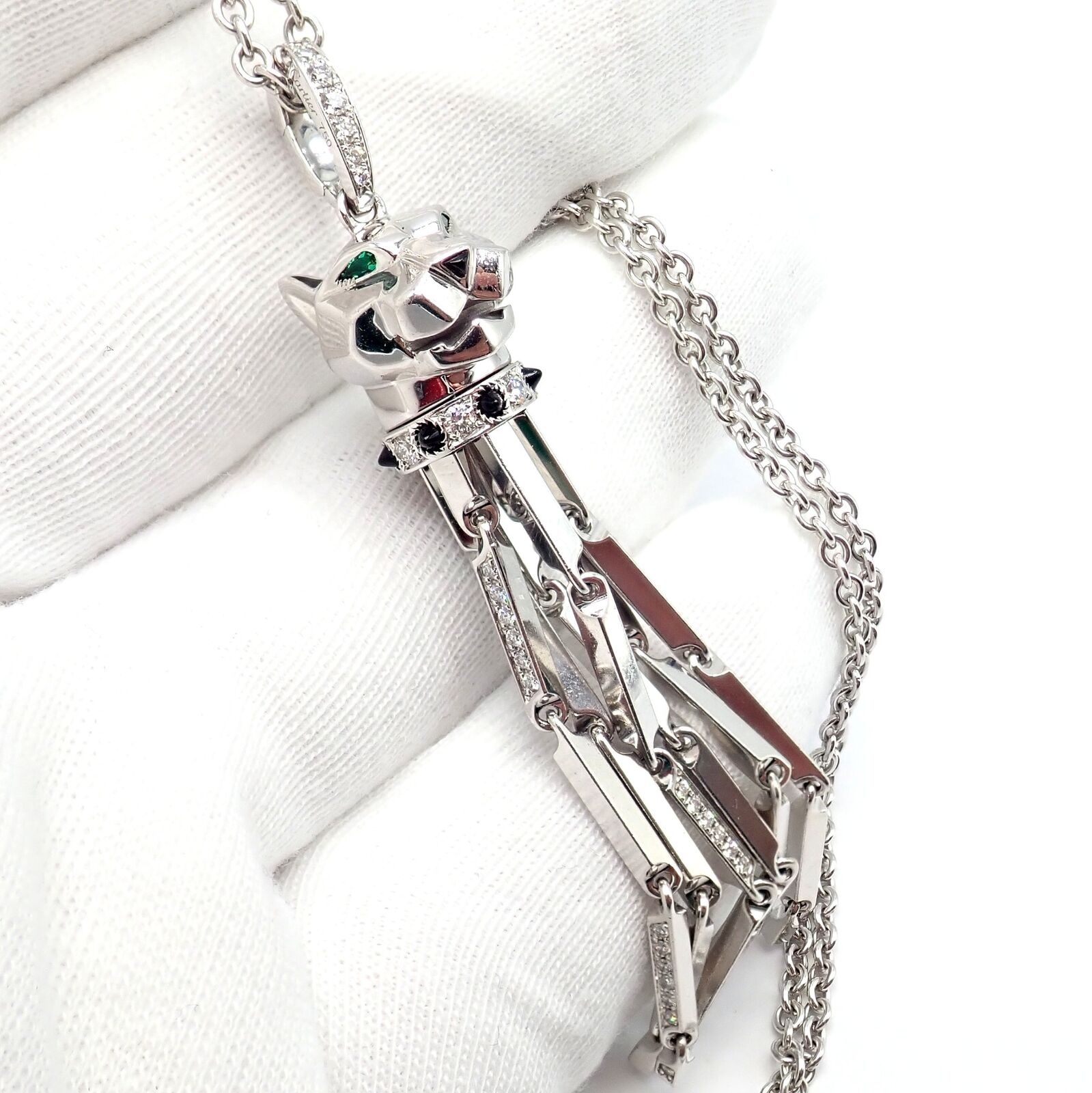 Panthere de Cartier Panther 18k White Gold Diamond Emerald Onyx Pendant Necklace | Fortrove