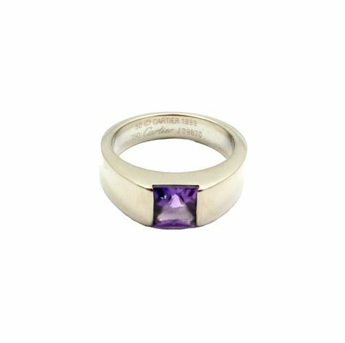 Authentic! Cartier 18k White Gold Tank Amethyst Ring 1999 Sz US 5.25 EU 50 | Fortrove