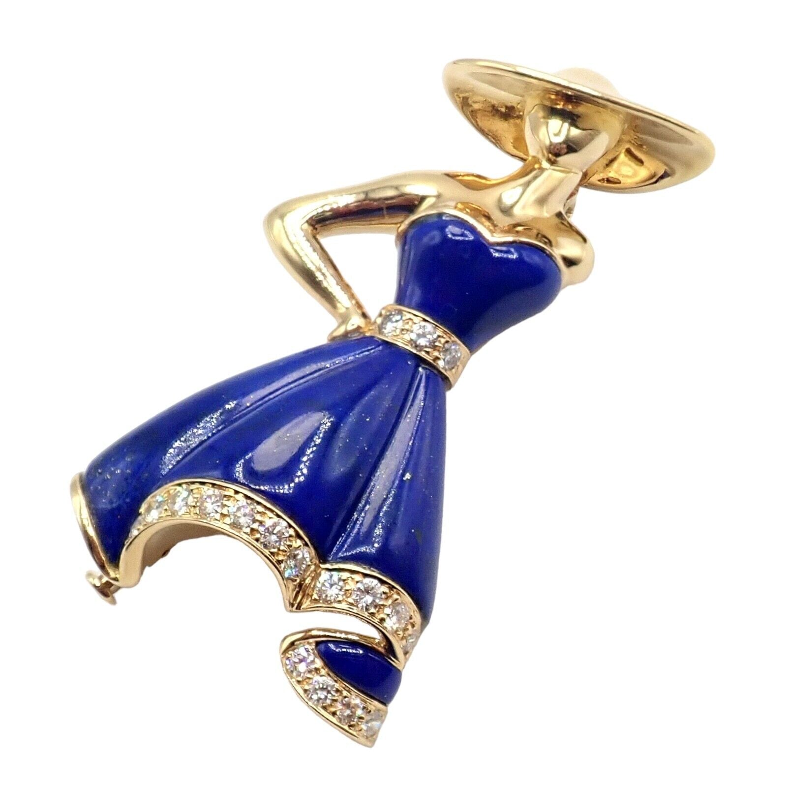 Authentic! Christian Dior 18k Yellow Gold Diamond Lapis Lady Dior Brooch Pendant | Fortrove