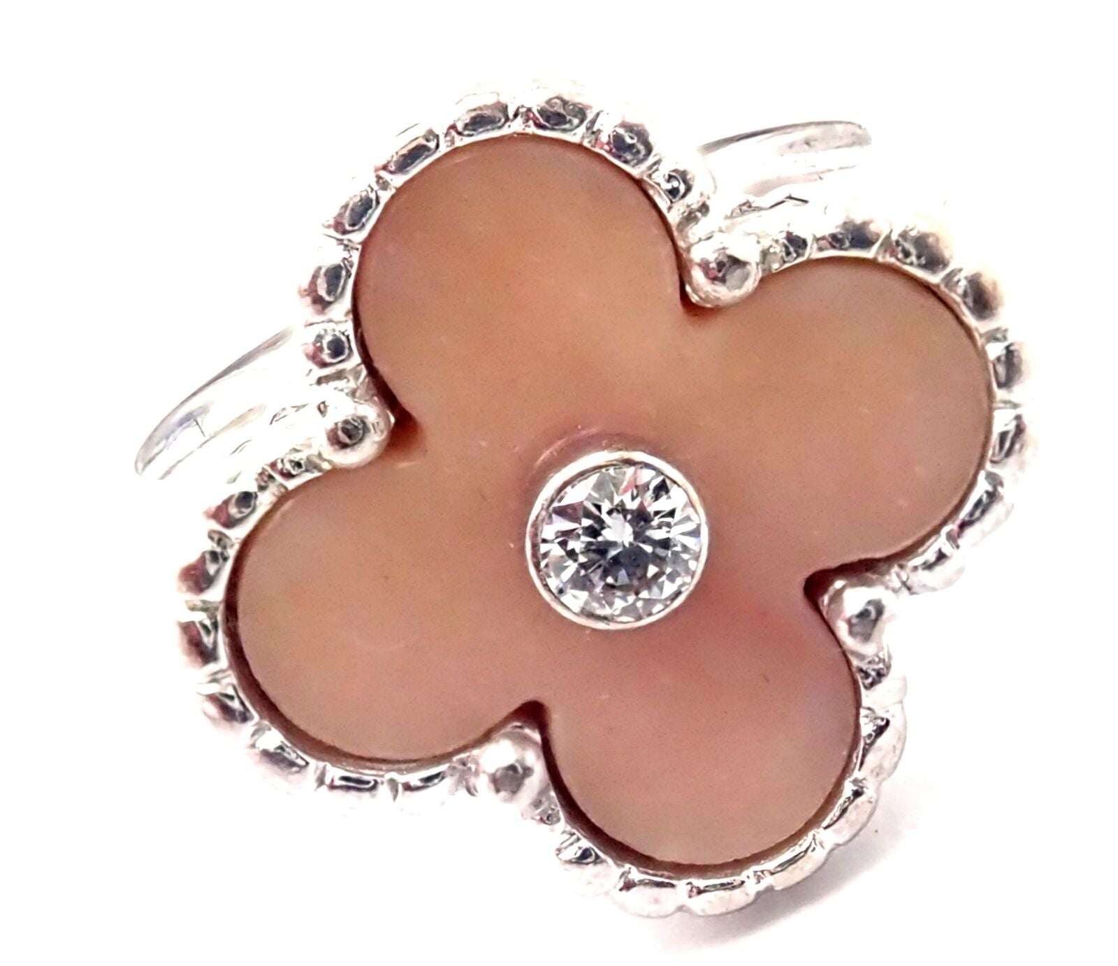 Authentic! Van Cleef & Arpels Alhambra 18k White Gold Pink Opal Diamond Ring | Fortrove