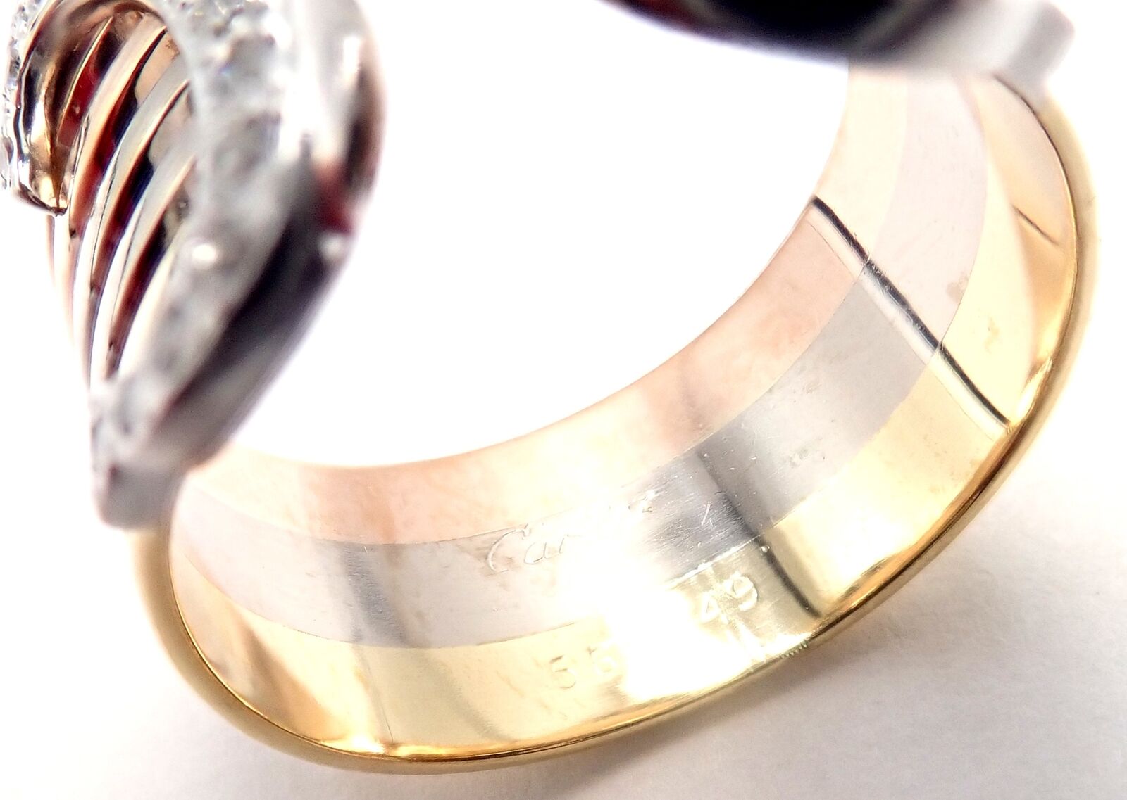 Authentic! Cartier Diamond Double C 18k Tri-Color Gold Band Ring Size 54 US 6.75 | Fortrove