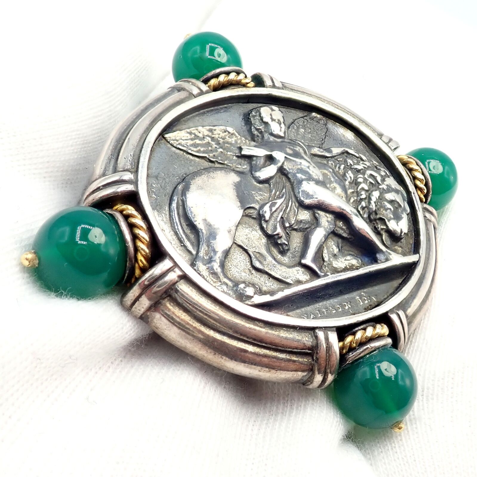 Authentic! SeidenGang 18k Yellow Gold Silver Large Medallion Chrysoprase Brooch | Fortrove