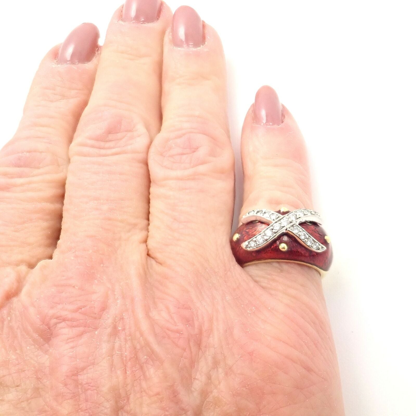 Authentic! Hidalgo 18K Yellow Gold Red Enamel X Diamond Ring Sz 5 | Fortrove