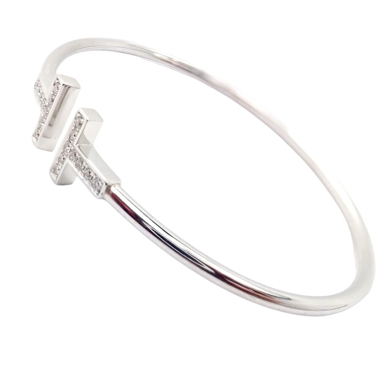 Authentic! Tiffany & Co 18k White Gold Diamond T Wire Flex Bracelet | Fortrove