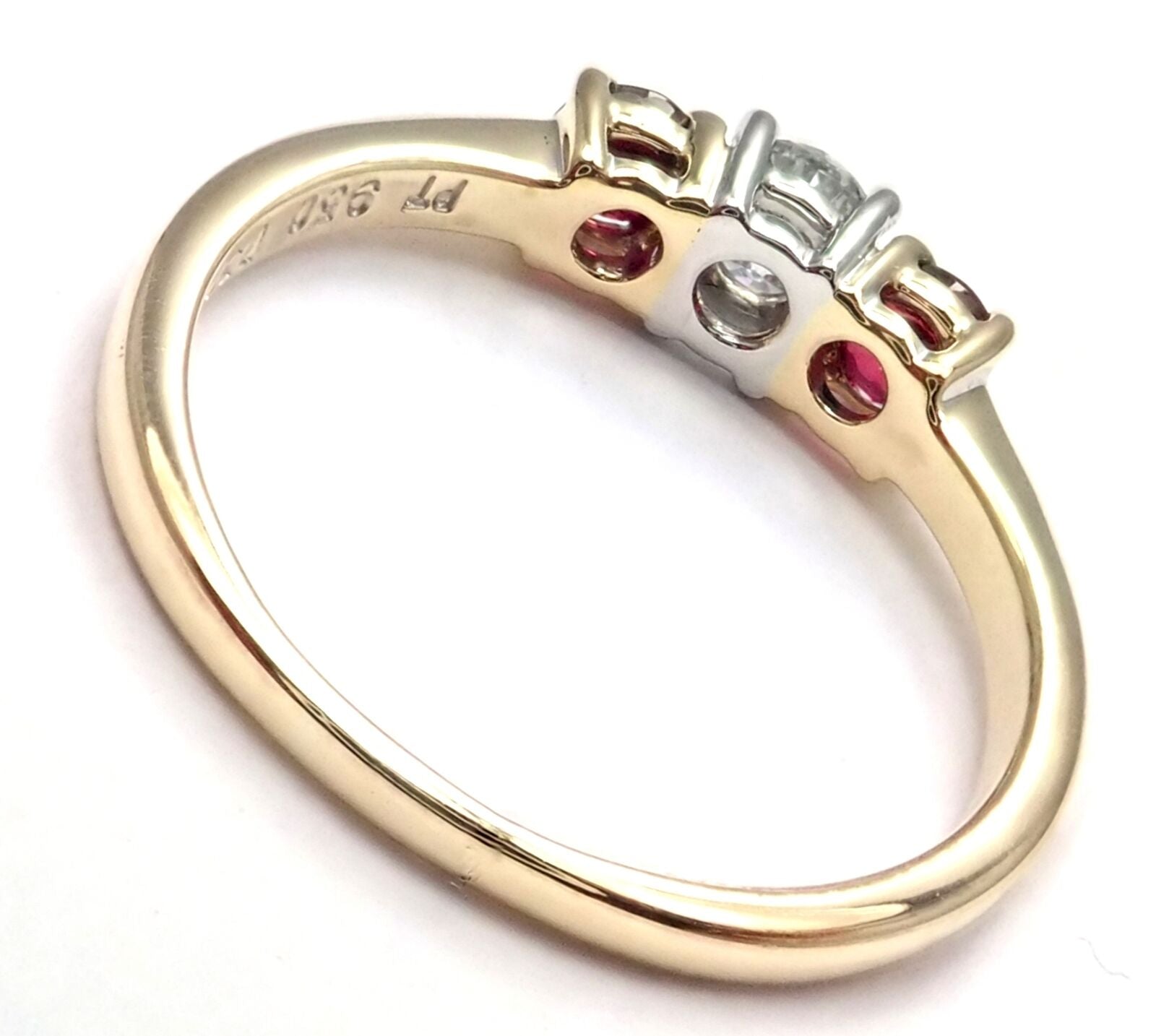 Authentic! Tiffany & Co 18k Gold Platinum Three Stone Diamond Ruby Band Ring | Fortrove