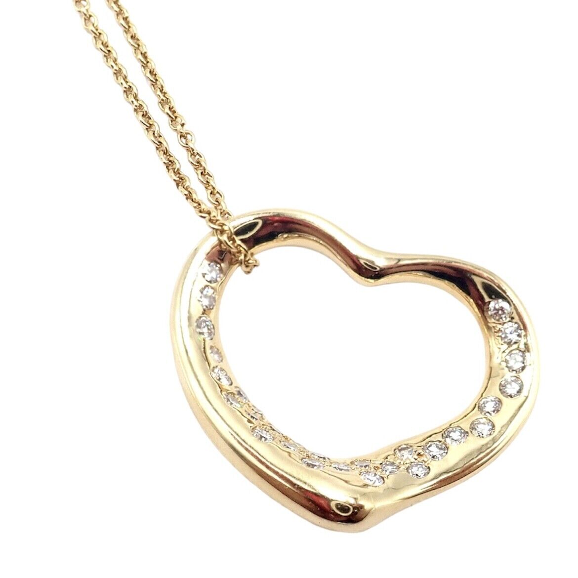 Authentic! Tiffany & Co Elsa Peretti 18k Yellow Gold Diamond Open Heart Necklace | Fortrove