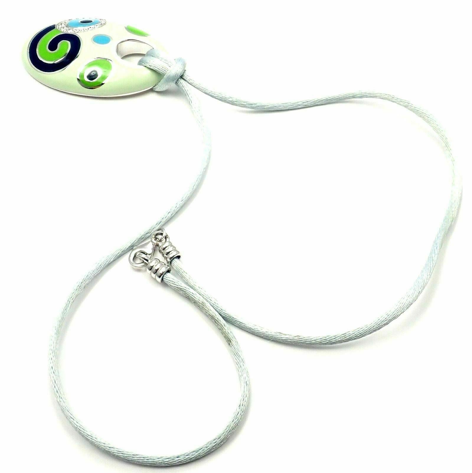 Roberto Coin 18k White Gold Diamond Green Enamel Silk Cord Pendant Necklace | Fortrove