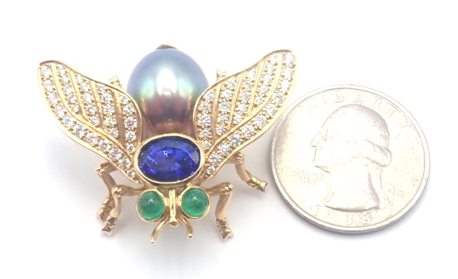 Tiffany & Co 18k Gold Diamond Tahitian Pearl Tanzanite Emerald Fly Pin Brooch | Fortrove
