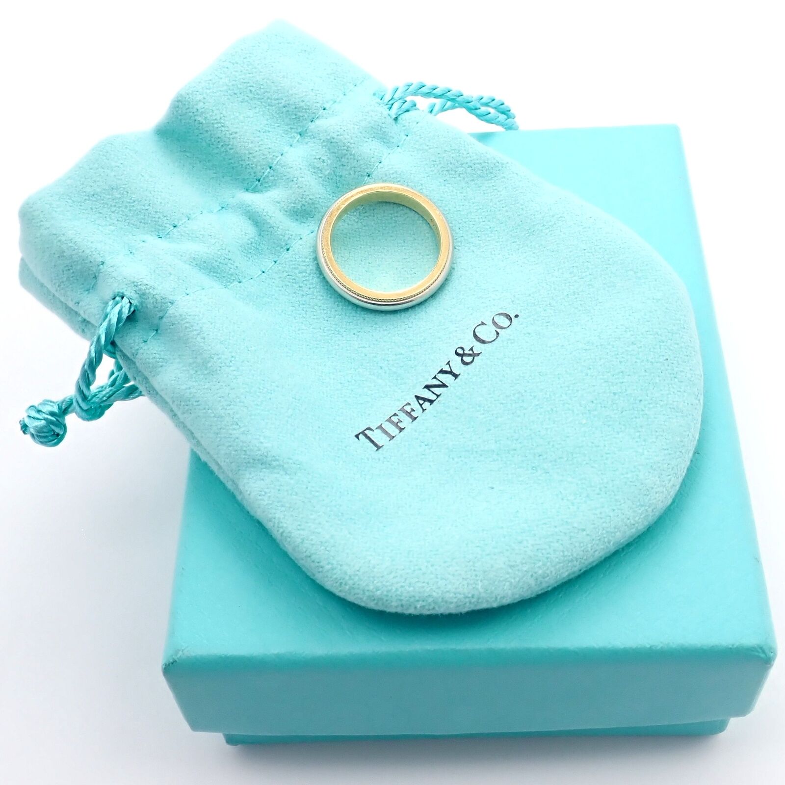 Tiffany & Co. 18k Yellow Gold Platinum 4mm Band Classic Milgrain Ring Sz 5 | Fortrove