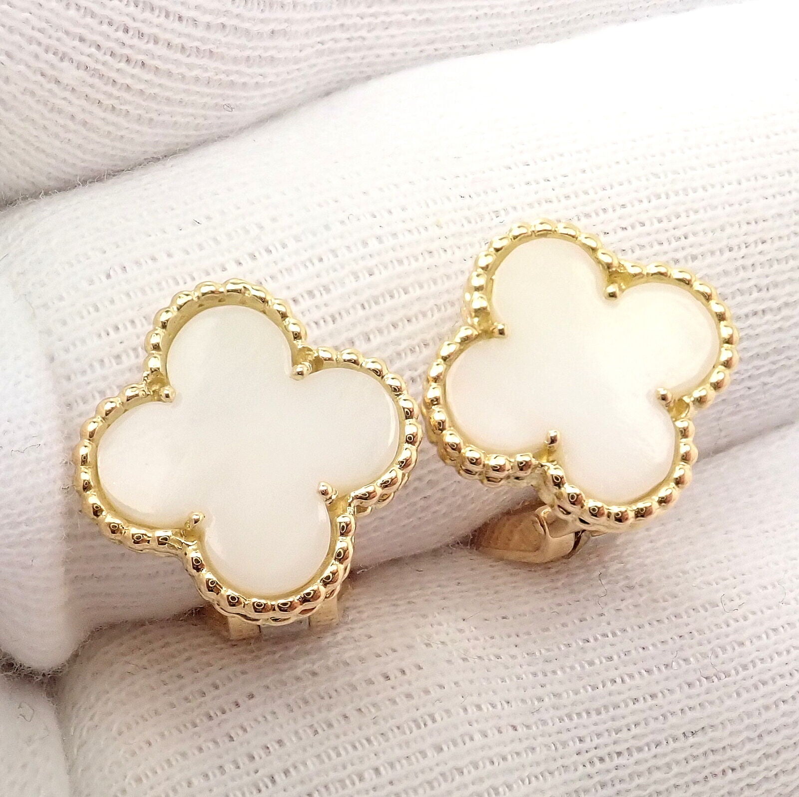 Rare! Van Cleef & Arpels Vintage Alhambra 18k Yellow Gold White Coral Earrings | Fortrove