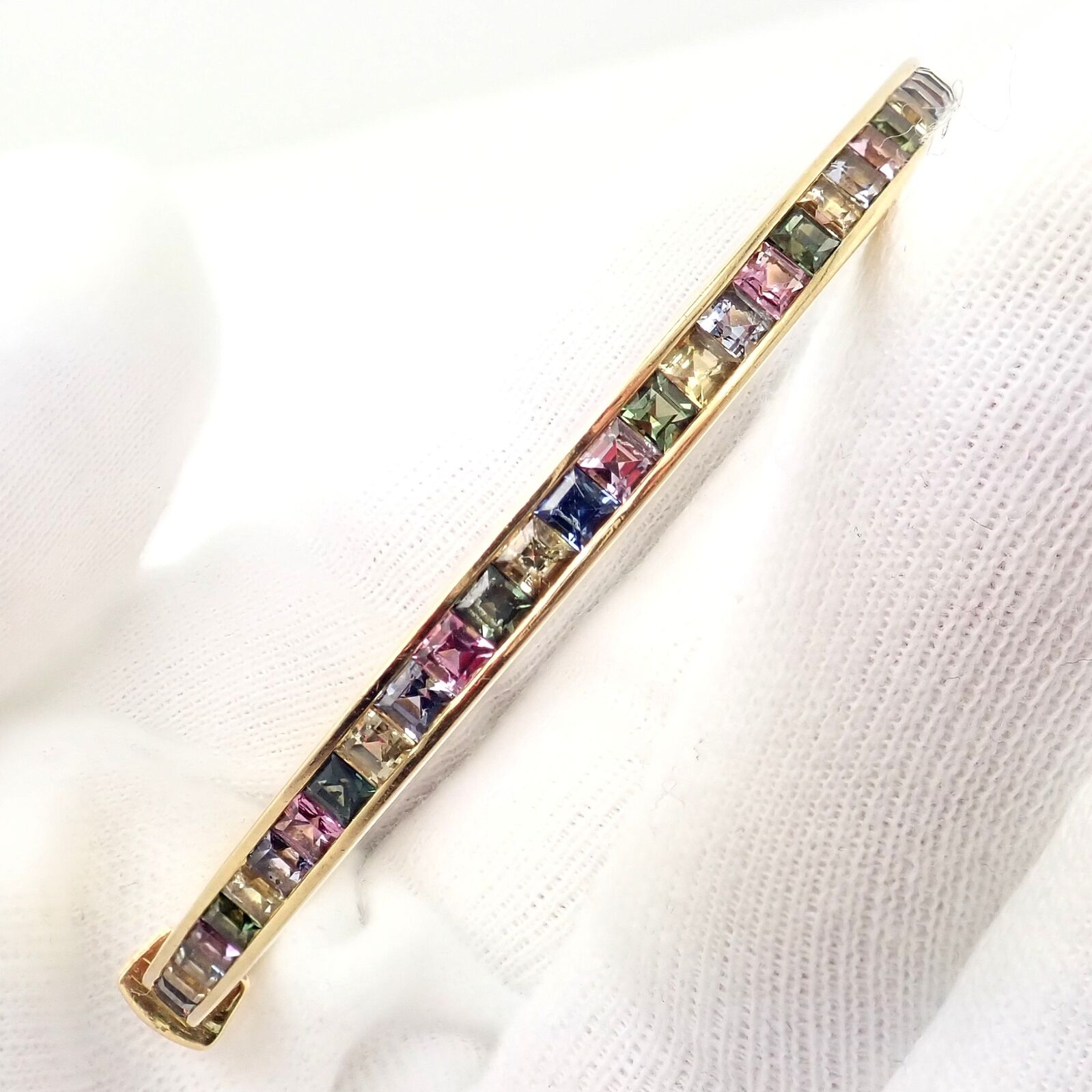 Authentic! Julius Cohen 18k Yellow Gold Diamond Pastel Color Stone Cuff Bracelet | Fortrove