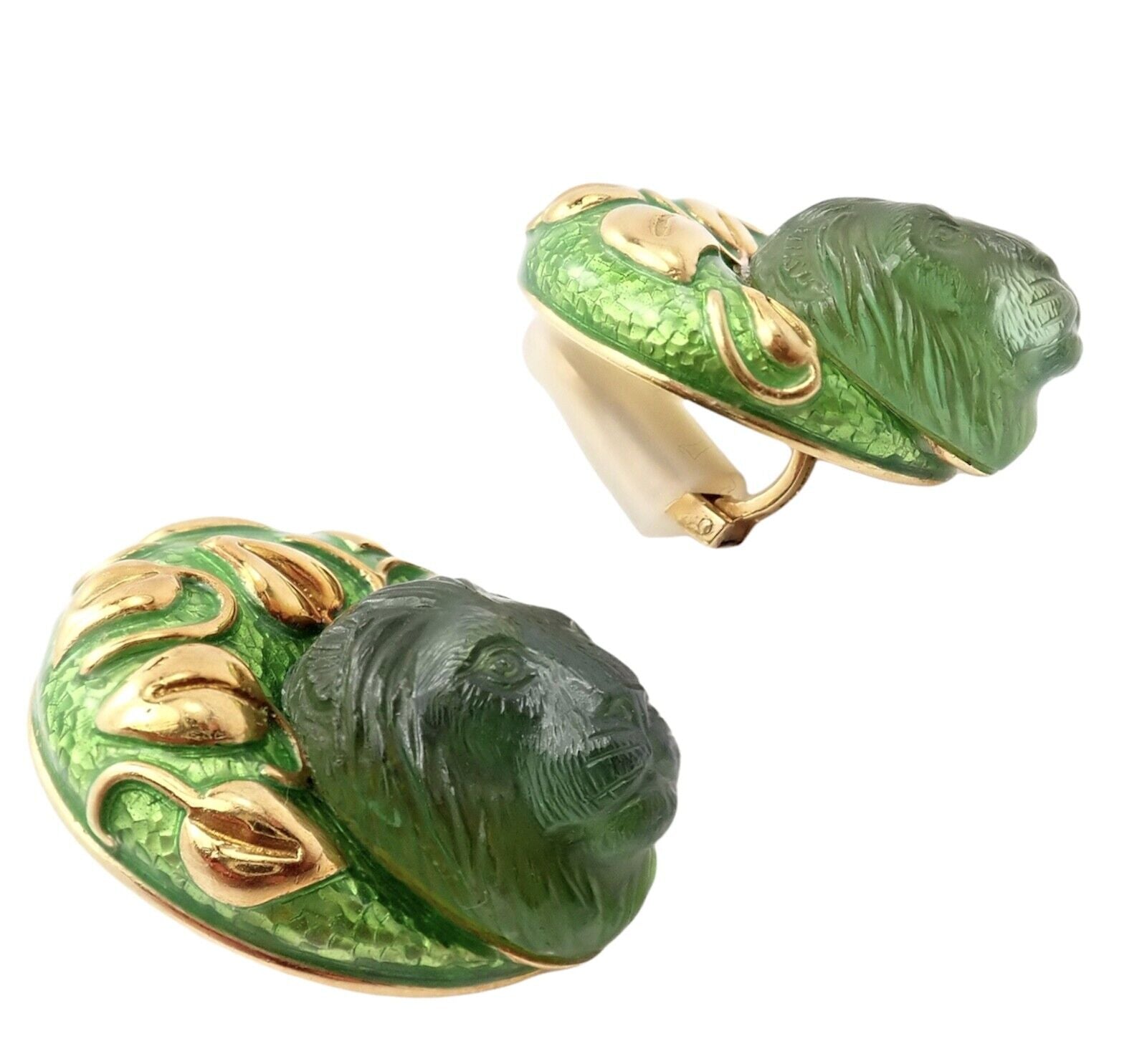 Elizabeth Gage 18k Yellow Gold Carved Green Tourmaline Enamel Lion Earrings | Fortrove