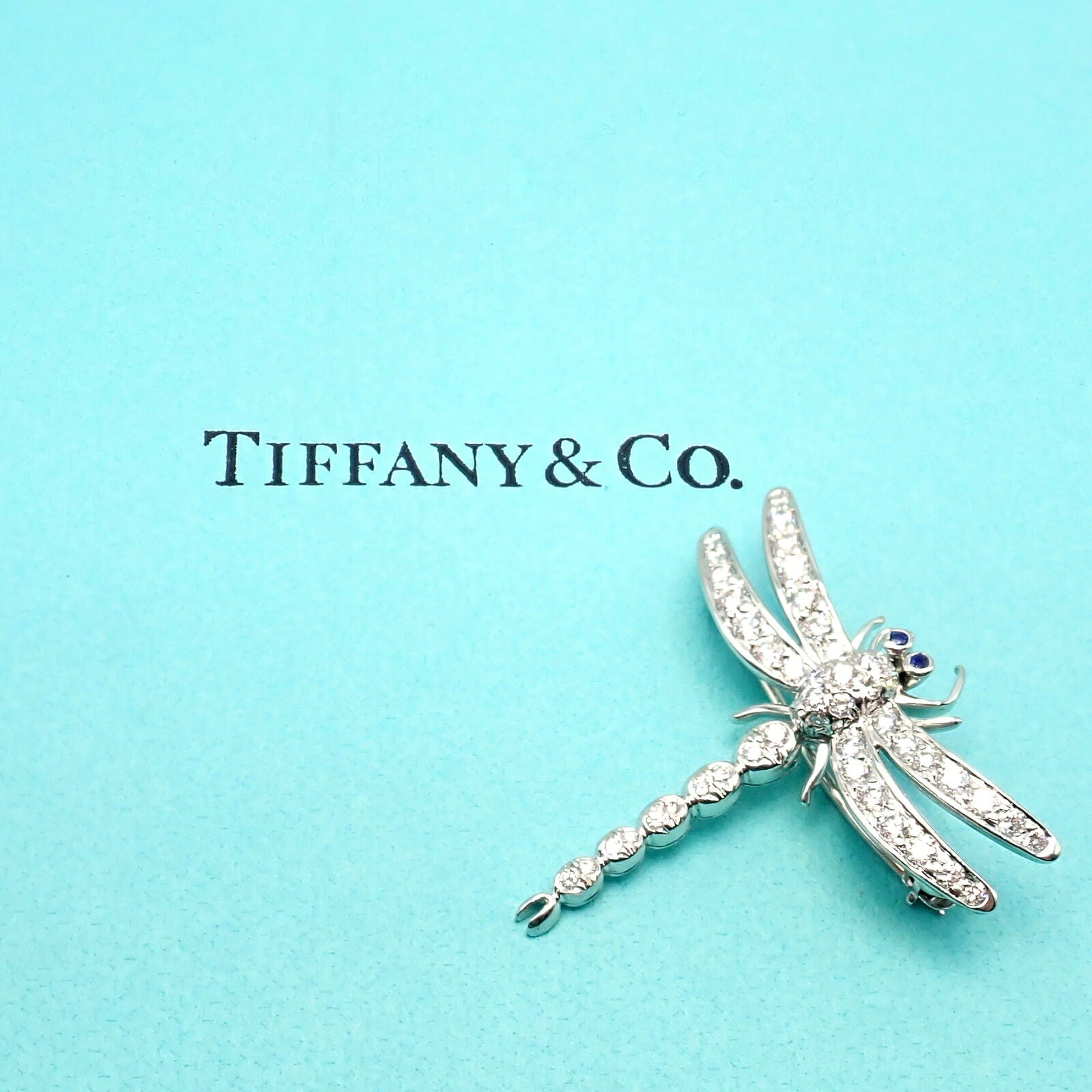 Rare! Authentic Tiffany & Co. Platinum Dragonfly Diamond Sapphire Pin Brooch | Fortrove