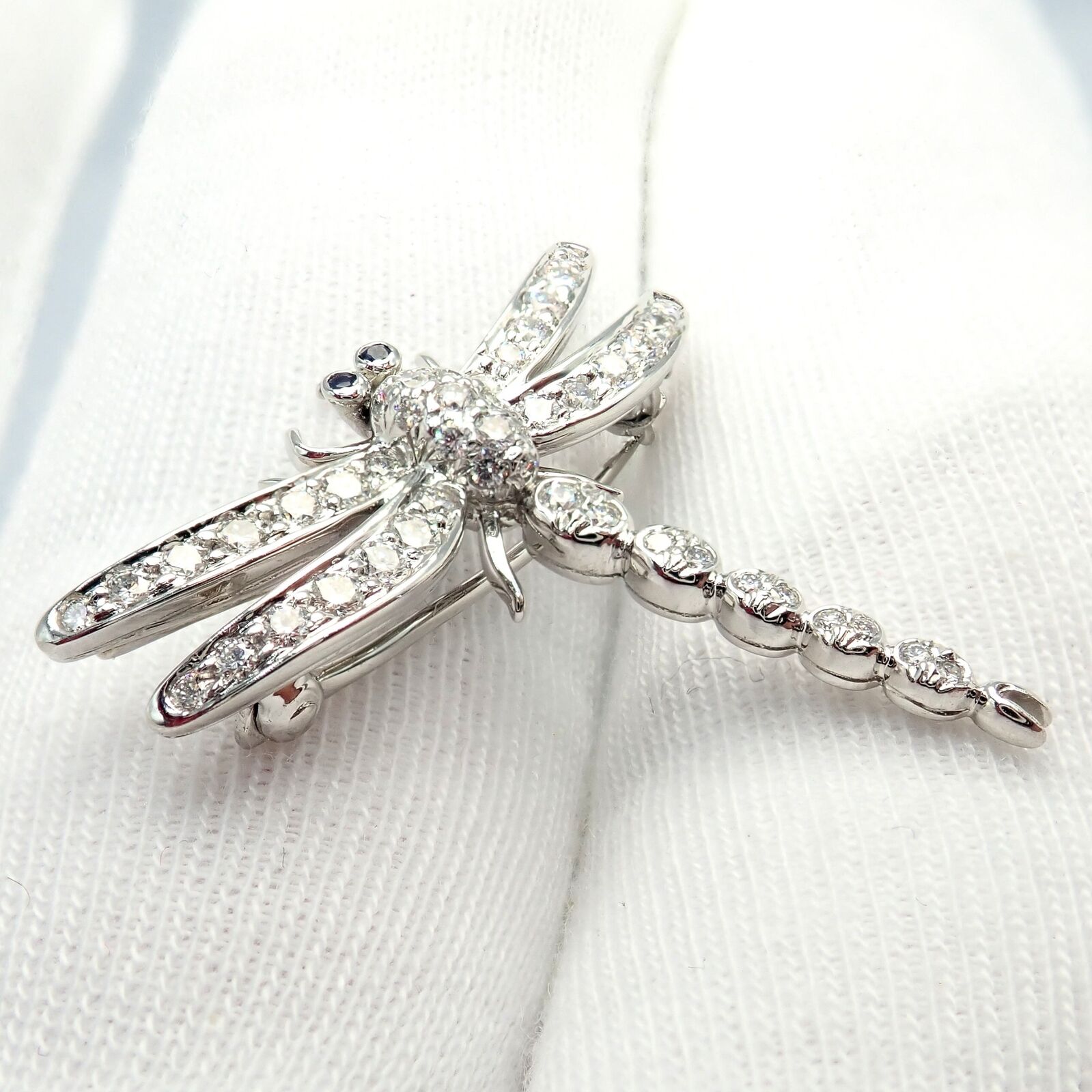 Rare! Authentic Tiffany & Co. Platinum Dragonfly Diamond Sapphire Pin Brooch | Fortrove