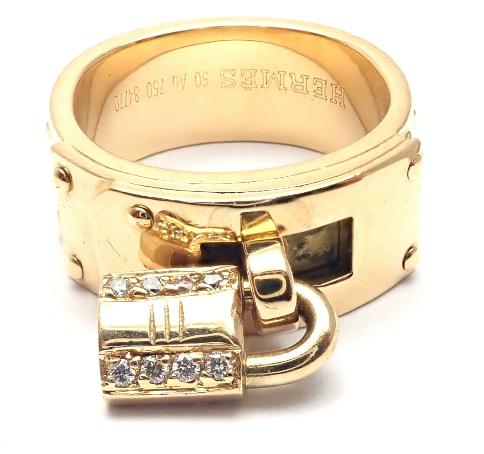Hermes Jewelry & Watches:Fine Jewelry:Rings Rare! Authentic Hermes 18k Yellow Gold Diamond "H" Lock Band Ring Size 50