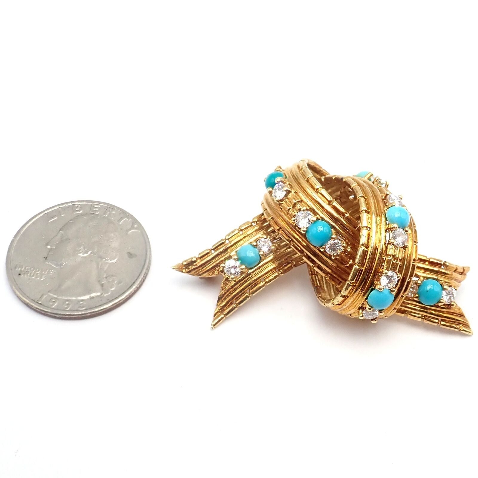 Vintage Tiffany & Co. 18k Yellow Gold Diamond Turquoise Bamboo Bow Pin Brooch | Fortrove