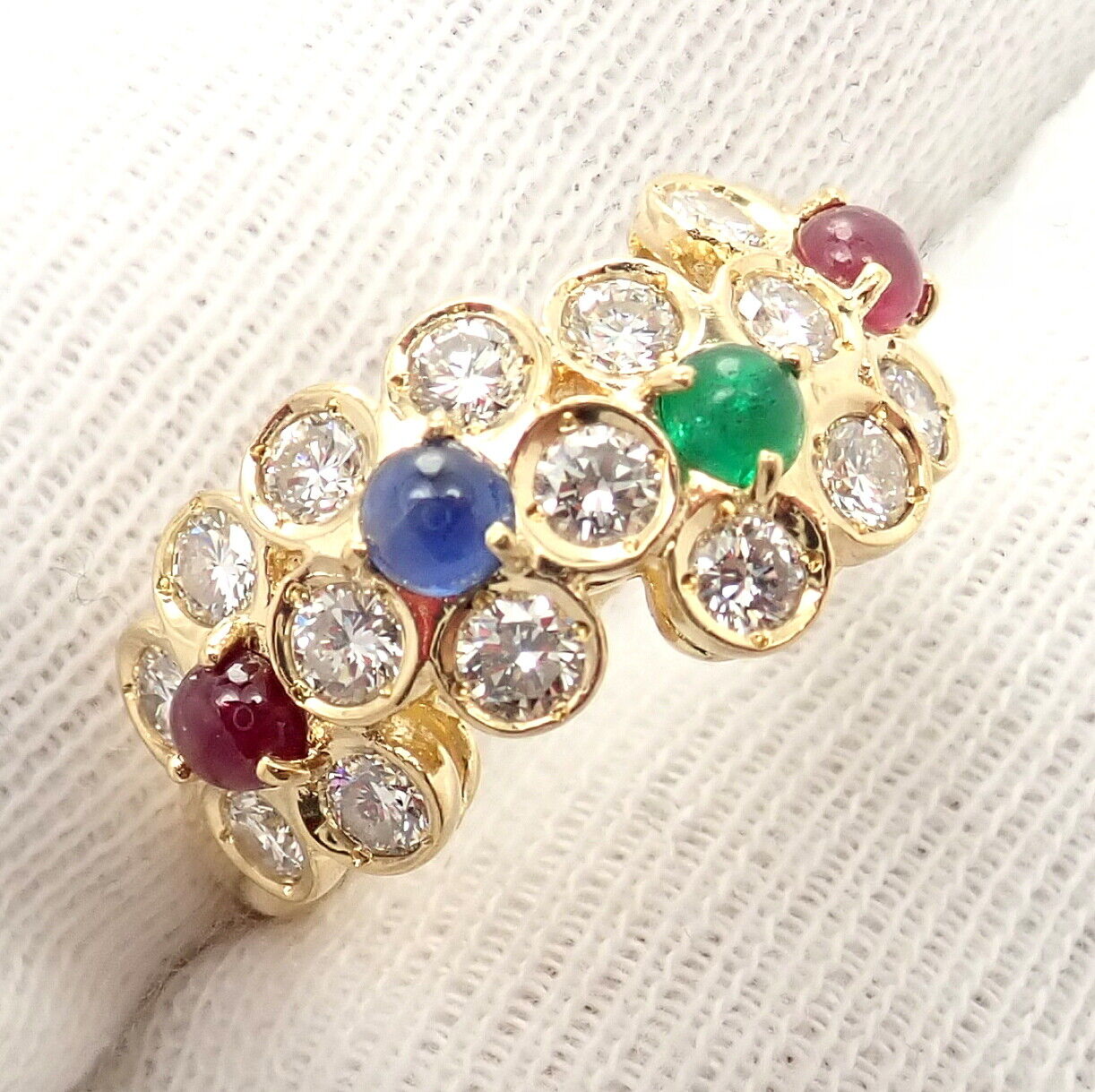 Rare! Authentic Christian Dior 18k Yellow Gold Ruby Emerald Diamond Flower Ring | Fortrove