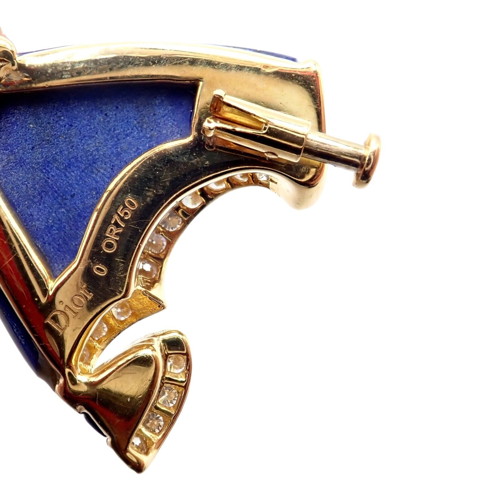 Authentic! Christian Dior 18k Yellow Gold Diamond Lapis Lady Dior Brooch Pendant | Fortrove