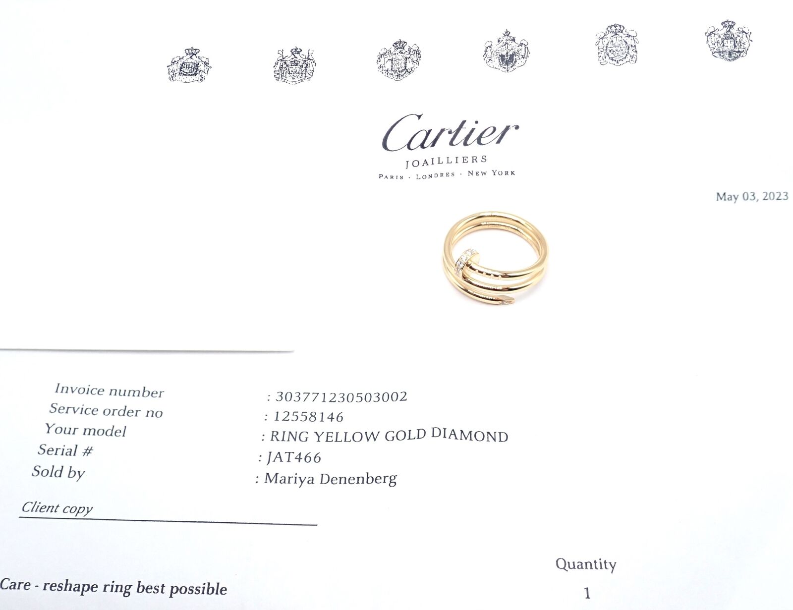 Cartier Juste Un Clou 18k Yellow Gold Diamond Nail Band Ring Size 53 Paper | Fortrove