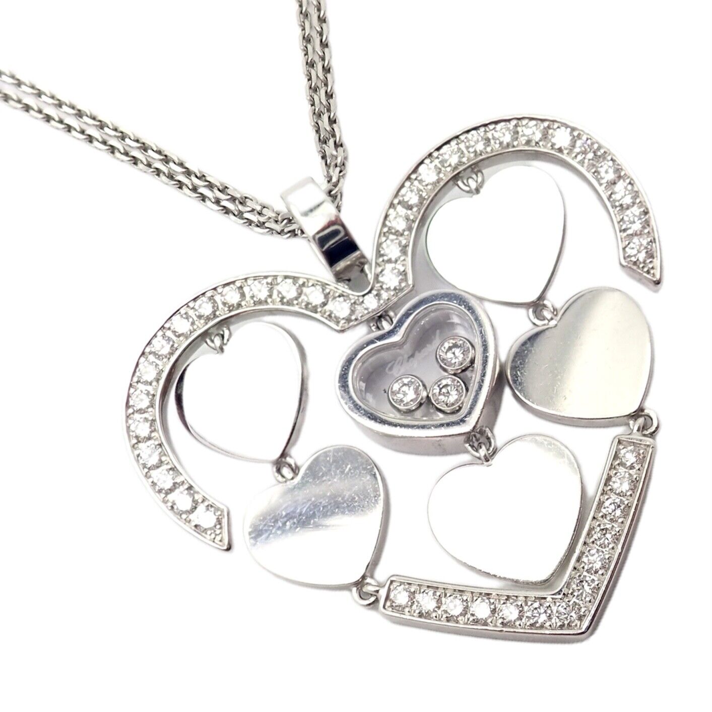 Authentic! Chopard 18k White Gold Large Double Happy Hearts Diamond Necklace | Fortrove