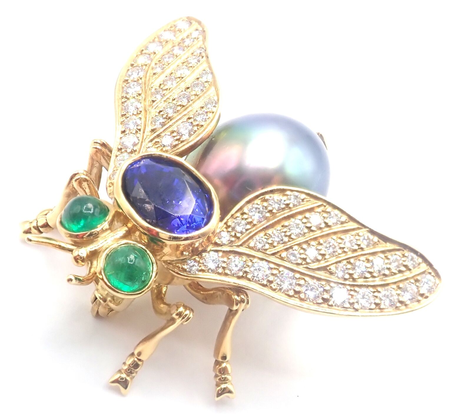 Tiffany & Co 18k Gold Diamond Tahitian Pearl Tanzanite Emerald Fly Pin Brooch | Fortrove
