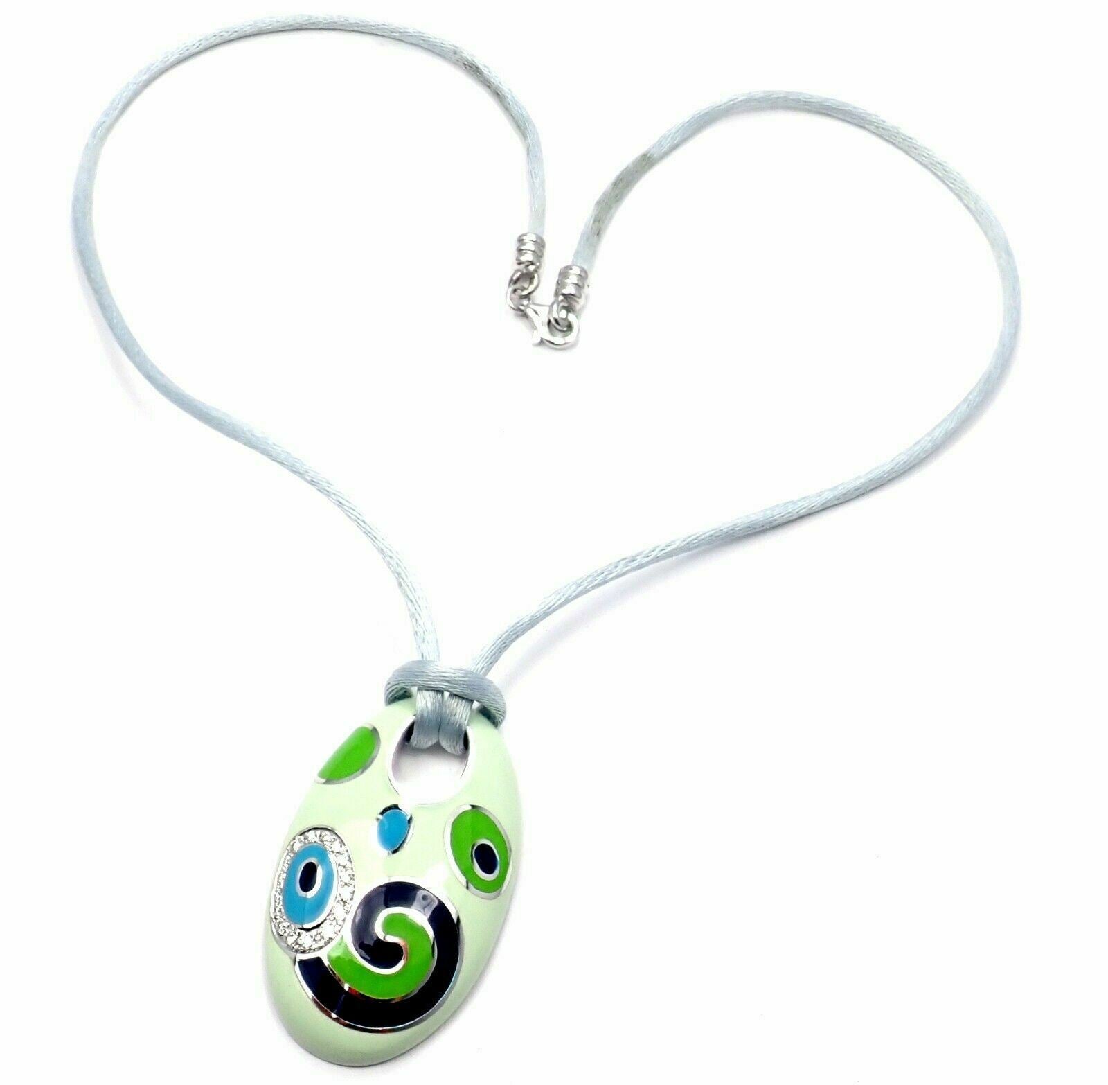 Roberto Coin 18k White Gold Diamond Green Enamel Silk Cord Pendant Necklace | Fortrove
