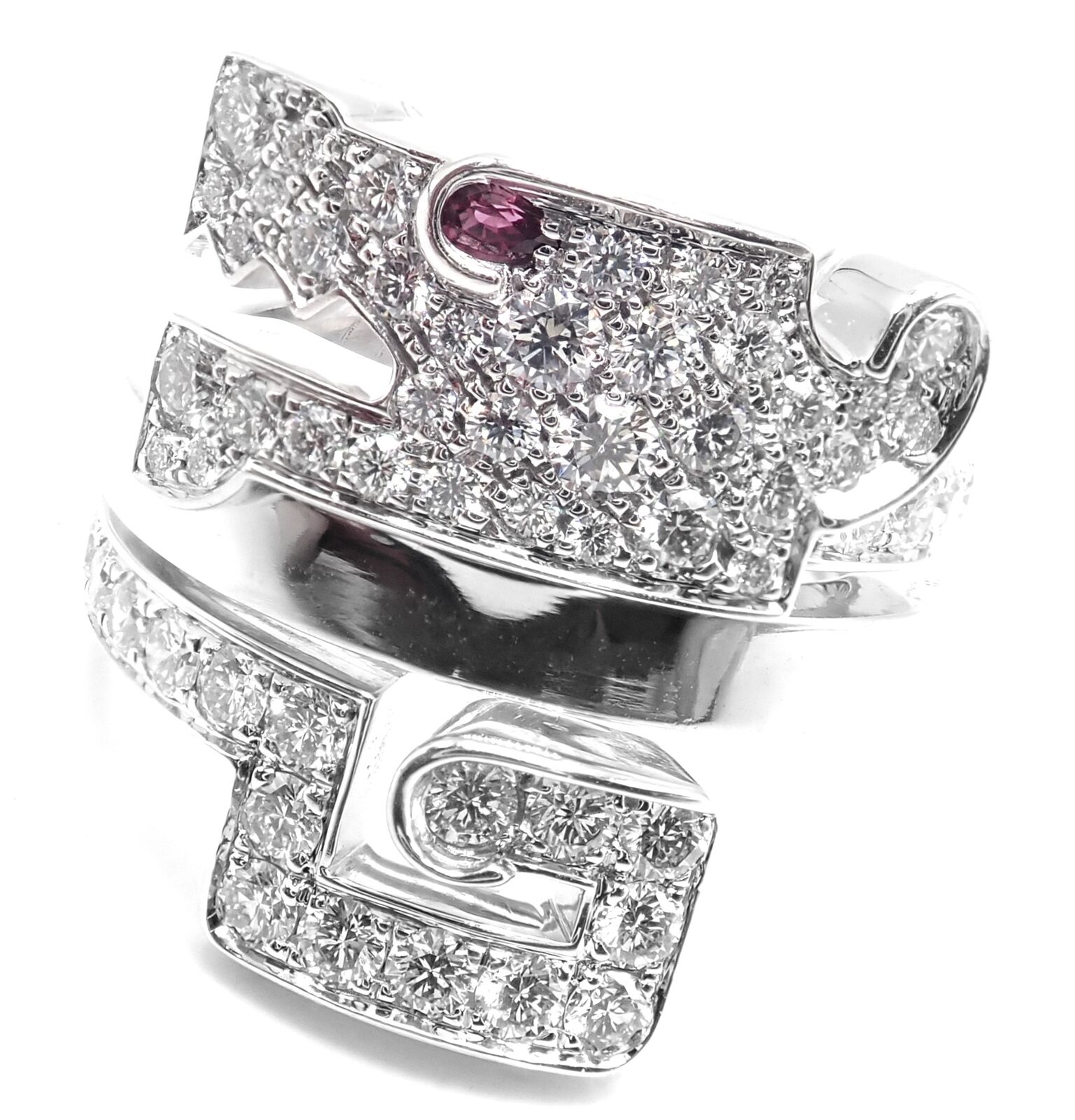 Authentic! Cartier Le Baiser Du Dragon 18k White Gold Diamond Ruby Ring Size 53 | Fortrove