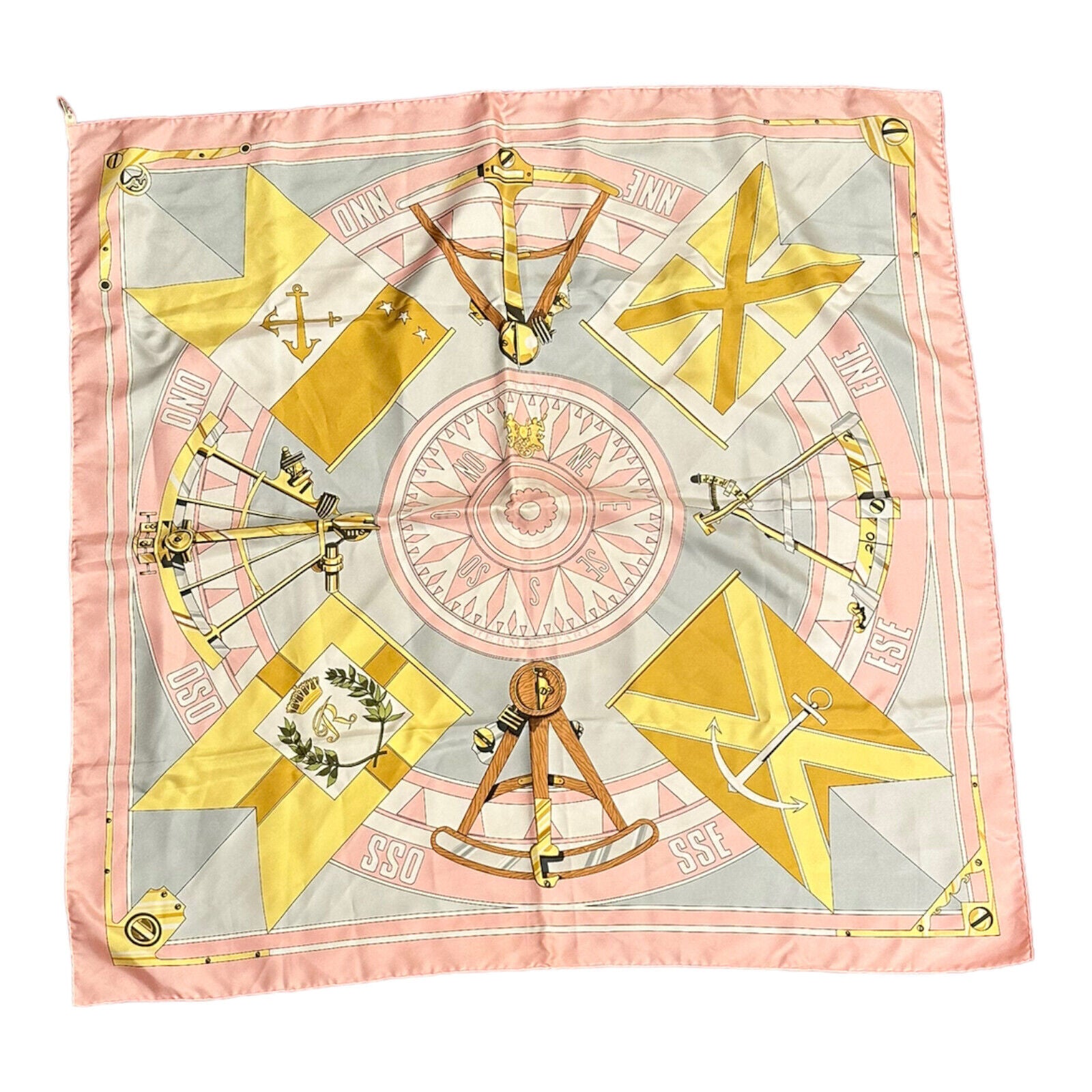 Authentic! Hermes Carre Sextants Nautical Vintage 90cm Light Pink Silk Scarf | Fortrove