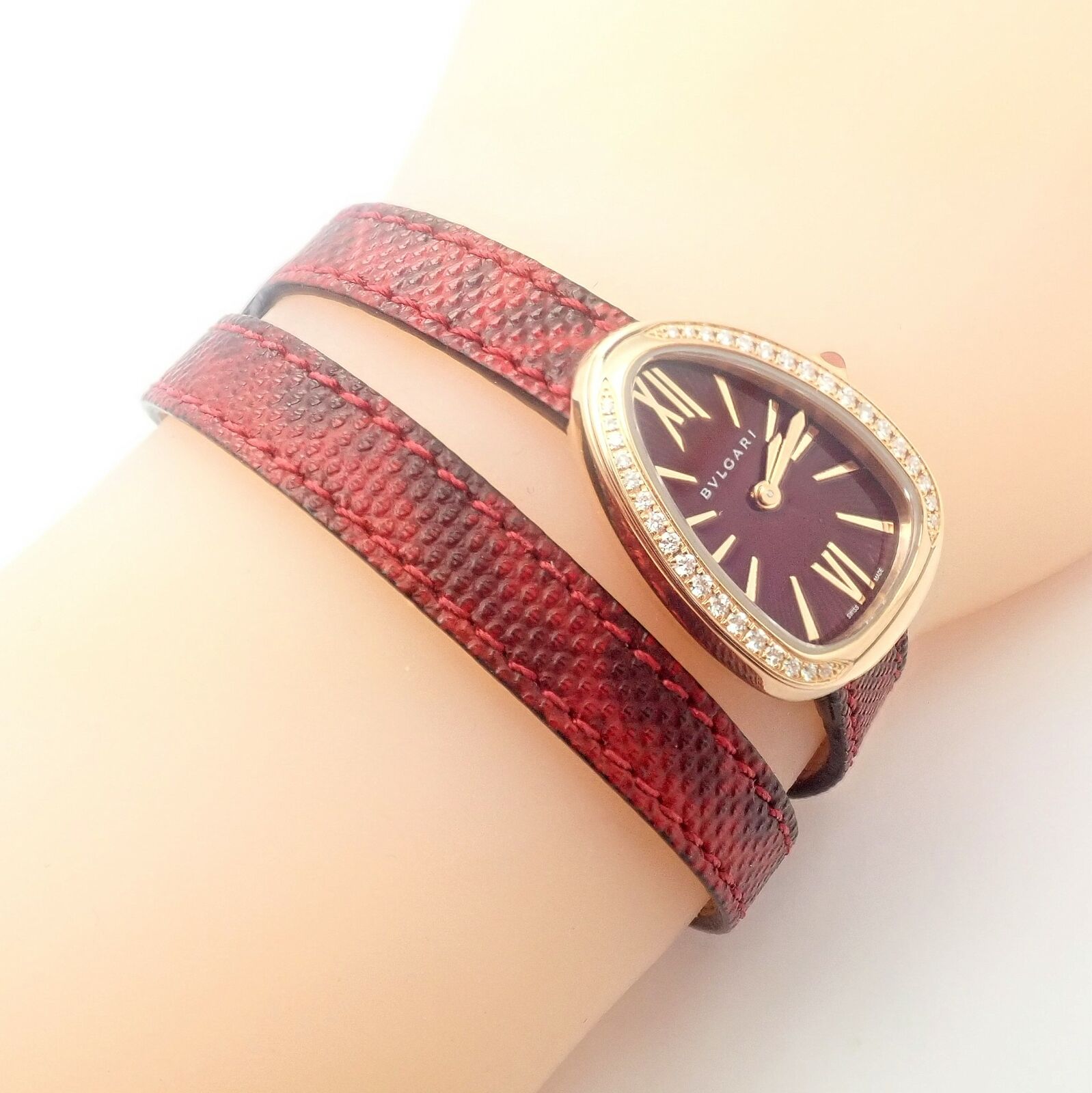 Bulgari 18k Rose Gold Diamond Tubogas Red Serpenti Snake Watch + Band + Tool | Fortrove