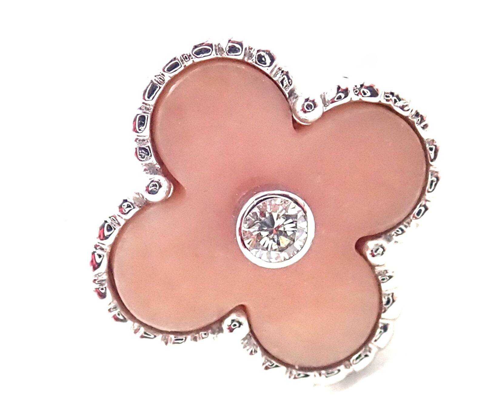 Authentic! Van Cleef & Arpels Alhambra 18k White Gold Pink Opal Diamond Ring | Fortrove
