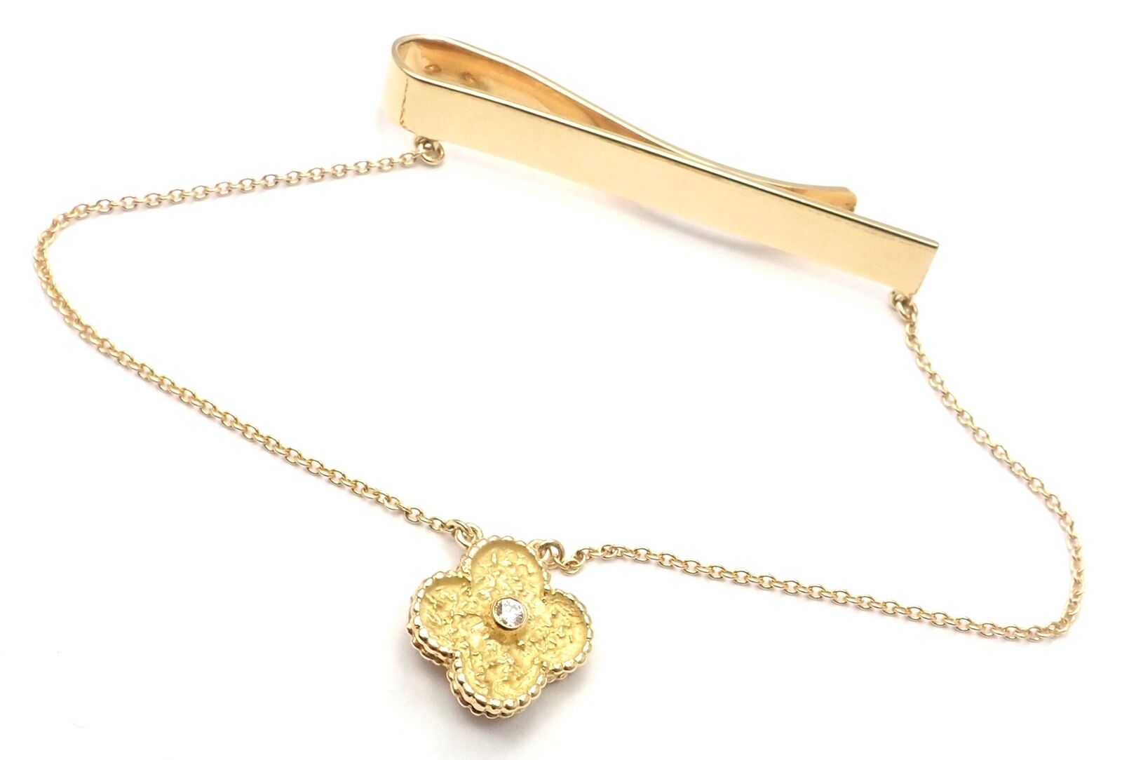 Authentic! Van Cleef & Arpels 18k Yellow Gold Diamond Vintage Alhambra Tie Clip | Fortrove