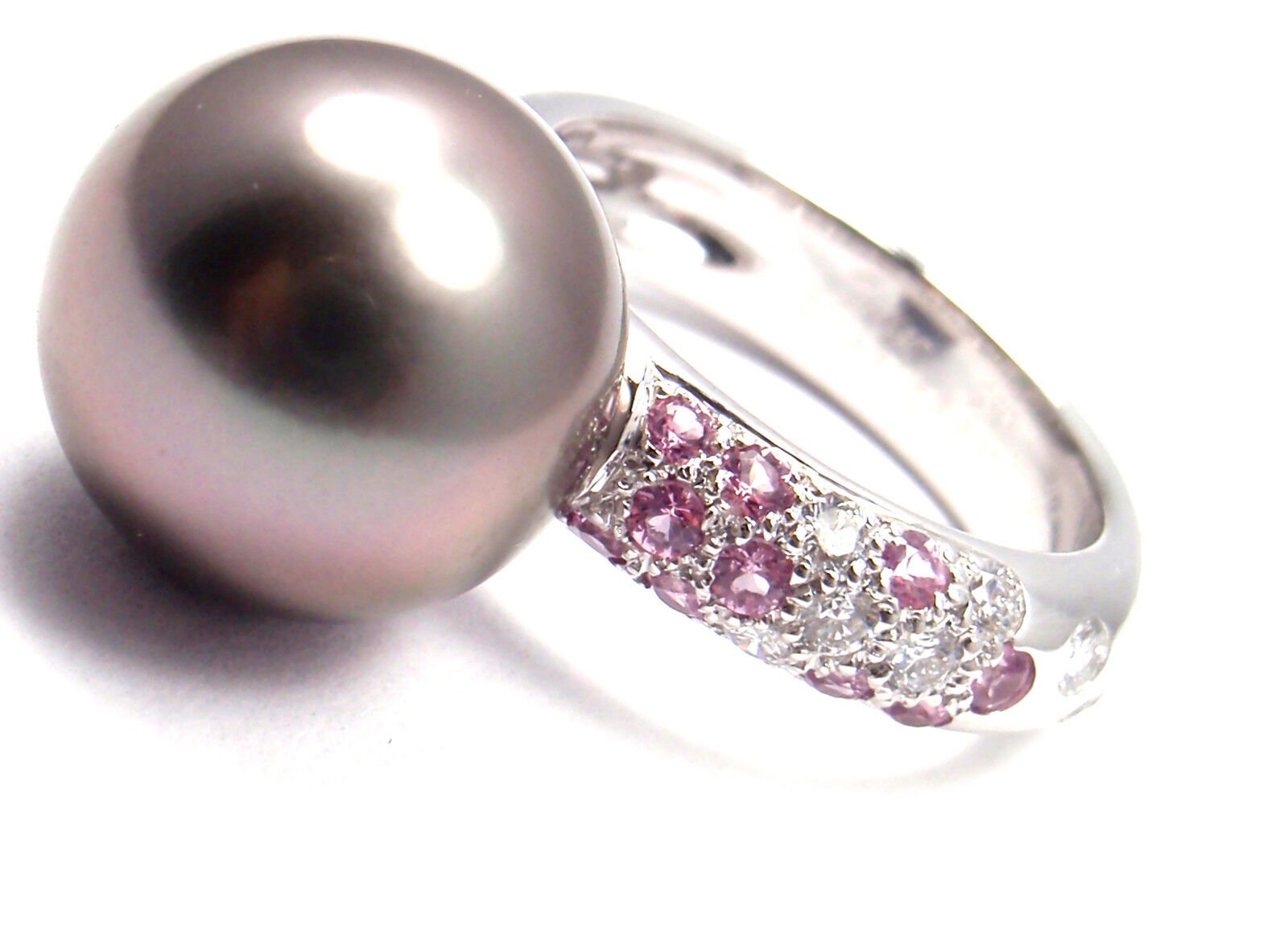 Authentic! Cartier 18K White Gold Tahitian Pearl Diamond Pink Sapphire Ring | Fortrove