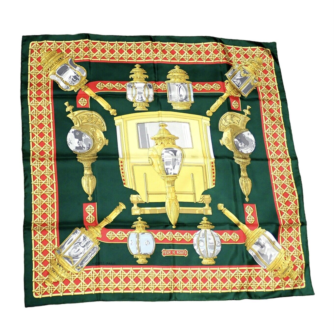 Authentic RARE! Hermes Feux De Route Vintage 90cm Green Red Silk Scarf | Fortrove