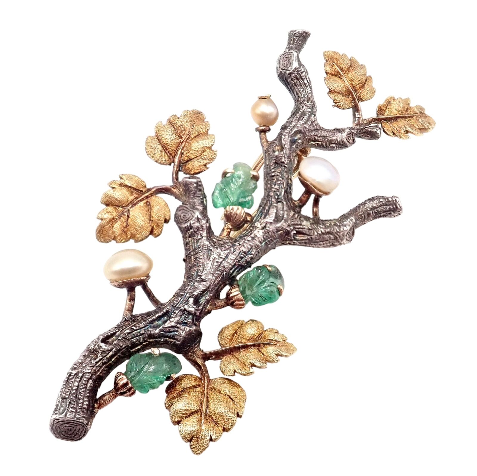 Vintage Buccellati 18k White Yellow Gold Carved Emerald Branch Twig Brooch Pin | Fortrove